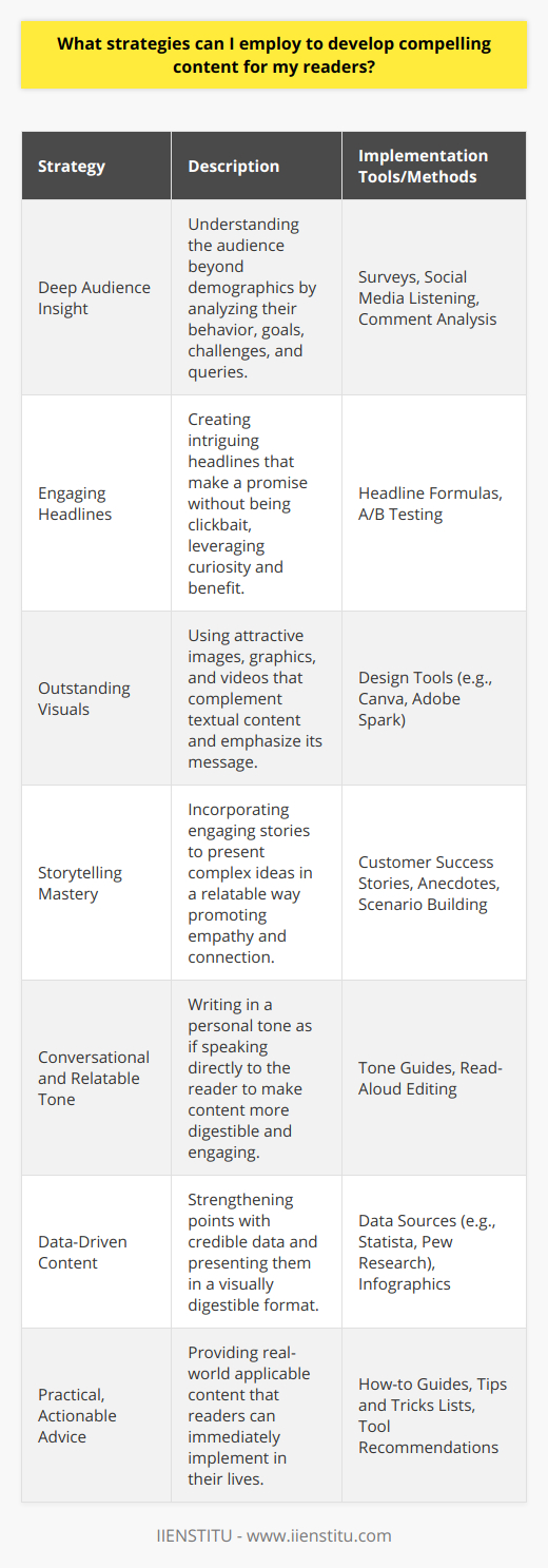 Developing compelling content for your readers often requires a strategic approach that resonates with their interests and provides real value. Here are key strategies you can employ:1. **Deep Audience Insight**: To create content that truly connects with your audience, you'll need to deeply understand who they are. Beyond basic demographics, tap into their behaviors, challenges, goals, and the type of questions they are asking online. Tools such as surveys, social media listening, and comment analysis can provide these insights.2. **Engaging Headlines**: Your headlines are the gateway to your content. They should be intriguing without being clickbaity, providing a clear promise of the value within the piece. Consider employing proven headline formulas that combine curiosity with benefit, and always test your headlines to see which resonate best with your audience.3. **Outstanding Visuals**: People are naturally drawn to visually appealing content. Use images, graphics, and videos that are not only eye-catching but also complement and enhance your message. Visual content should help to explain, elaborate on, or escalate the emotions conveyed in your text.4. **Storytelling Mastery**: Stories are powerful because they can convey complex ideas in a human-centric way that generates empathy and engagement. Weave narratives throughout your content that relate to the points you're making. These can be customer success stories, anecdotes, or scenarios that paint a picture of the points you're making.5. **Conversational and Relatable Tone**: Write as if you’re speaking directly to the reader. This approach helps in removing the barrier between the writer and the reader, making the content more digestible and engaging. Readers should feel as though they are being spoken to directly, making the content experience personalized and inviting.6. **Data-Driven Content**: Bolster your arguments and narratives with solid data and evidence. Not only does this enhance your credibility, but it also provides your readers with the substantiation they need to trust your content. Make sure your data sources are reputable and consider presenting data in visual formats for easier digestion.7. **Practical, Actionable Advice**: Your content should always aim to leave the reader with something they can apply in their lives. Whether it's step-by-step instructions, tips, tools, or novel approaches to common problems, the application of your content to the reader's real-world situation will make it more valuable and compelling.By employing these strategies and constantly refining your content based on feedback and performance metrics, you’ll be well-equipped to create compelling content that not only draws readers in but keeps them coming back for more. Remember, content creation is an iterative process, and continuously improving your approach based on reader interaction will help you fine-tune your content to meet their evolving needs.