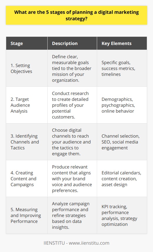 Creating a comprehensive digital marketing strategy is essential for any business seeking to capture and engage its audience online. Here’s a breakdown of the five stages every business should go through to develop a successful digital marketing plan.**Stage 1: Setting Objectives**This foundational stage is all about crafting specific, measurable, and attainable goals that support the overarching goals of your organization. These should act as guiding lights for your digital strategy, answering the question, “What do we want to achieve?” Whether it’s boosting brand awareness, increasing website traffic, or generating more leads, your objectives should be time-bound and backed by metrics to measure success.**Stage 2: Target Audience Analysis**Knowing who you are attempting to reach is paramount. This stage involves in-depth research into who your potential customers are, which includes demographic data, psychographics, and understanding their online behavior. The insights gathered at this stage help create detailed buyer personas, inform content creation, and allow for personalized marketing strategies, all aiming to cultivate a connection with your chosen demographic.**Stage 3: Identifying Channels and Tactics**With a well-defined audience, it's time to determine where and how you will reach them. You’ll need to select digital channels that best align with your target audience's online habits – be it social media platforms, email, or digital ads. The chosen channels will shape the marketing tactics to employ. For example, developing SEO strategies for enhancing visibility on search engines or cultivating community engagement on social media networks.**Stage 4: Creating Content and Campaigns**Content is the heart of a digital strategy, thus this stage is about producing content that educates, entertains, and engages your target audience. The development of the content should be based on the identified needs and preferences of your audience, incorporating a consistent brand voice and visual identity. This phase could include setting up an editorial calendar, designing assets, and crafting copy that shines across your selected digital mediums.**Stage 5: Measuring and Improving Performance**The final stage focuses on analysis and enhancement. It is about setting up mechanisms to track the performance of campaigns against the objectives delineated in stage one, using KPIs that matter: reach, engagement, conversion rates, and ROI, to name a few. With these metrics, you can determine success and areas for improvement, making data-informed decisions to refine your strategy continuously.Utilizing robust methodologies and tools, a thorough digital marketing strategy builds a roadmap to consumer engagement and business growth in the competitive online space. IIENSTITU, an institution reputed in providing digital education training, emphasizes the integration of these stages in crafting a coherent digital marketing plan that delivers results.
