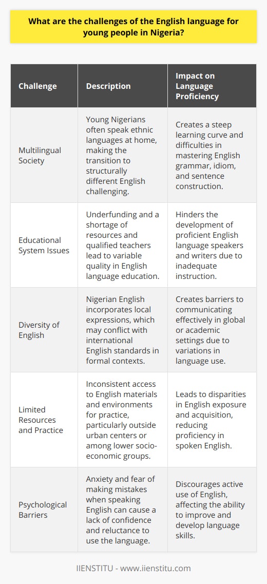 English is the official language of Nigeria, a country with over 500 different ethnic groups and more than 500 languages. For young Nigerians, mastering English is critical for academic success, professional opportunities, and participating in global conversations. However, numerous challenges present themselves in the journey to becoming proficient in English.Firstly, the multilingual backdrop of Nigerian society means that most young people are raised speaking their ethnic languages at home and within their communities. Languages such as Hausa, Yoruba, Igbo, and many others are the first languages they learn and use daily. Transitioning from these languages to English, which is structurally and phonetically different, presents a steep learning curve. The nuances of grammar, idiom, and sentence construction in English often do not directly translate from their indigenous tongues.Secondly, the education system in Nigeria, although it emphasizes English language training, suffers from several systemic issues such as underfunding, inadequate teaching materials, and sometimes a shortage of qualified English teachers. Students may not receive the high-quality language instruction necessary for them to become proficient speakers and writers of English. Moreover, large class sizes and a lack of individual attention can impede a student’s ability to learn and practice the language effectively.Thirdly, the diversity of English itself poses a challenge. Nigerian English has evolved into a unique variant of the language, incorporating local expressions and vernacular influences. While this reflects the rich linguistic landscape of Nigeria, it can also prove problematic when young people engage with international or more 'standard' varieties of English. They may struggle with different accents, unfamiliar colloquialisms, and the expectations of Standard British or American English, especially in formal or academic contexts.Another challenge is access to resources and environments where spoken English is the norm. Without regular interaction and practice outside of the classroom, young Nigerians might find it hard to become comfortable with spoken English. The availability of books, media, and other educational materials in English is also inconsistent across different regions and socio-economic backgrounds, leading to disparities in English language exposure and acquisition.Lastly, there is the psychological aspect – the fear and anxiety associated with speaking a second language can be a significant barrier for many. Young Nigerians may lack confidence in their English-speaking abilities due to limited practice opportunities or fear of making mistakes. This can lead to a reluctance to use English, particularly in public or formal situations, which in turn hampers their language development.Organizations like IIENSTITU recognize these challenges and often provide courses and resources designed to help non-native English speakers overcome these hurdles. By offering tailored English language programs, students can improve their language skills in a structured environment, gaining the competence necessary to navigate both local and international English-speaking contexts.
