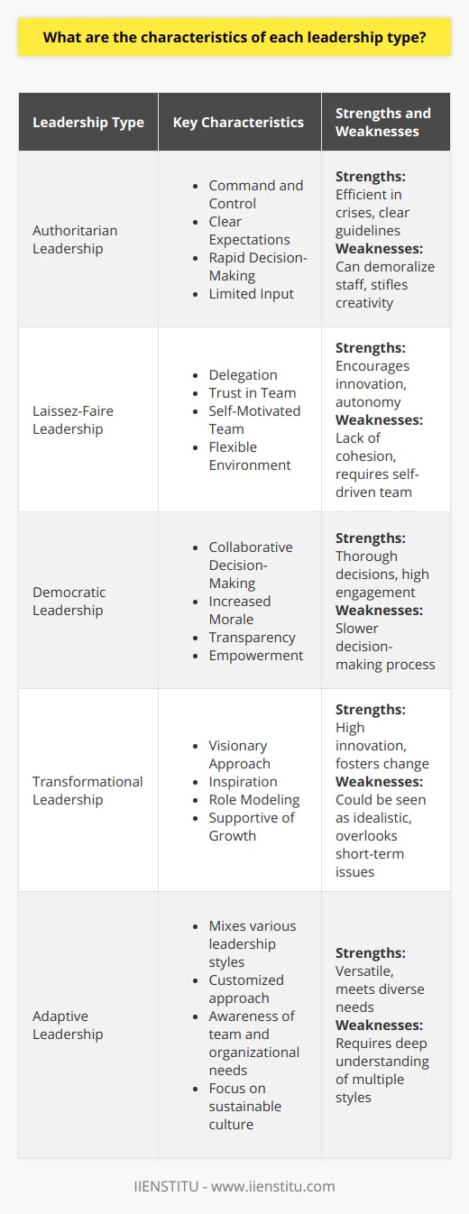 In the realm of leadership, it's crucial to recognize that different leadership styles can have a profound impact on team dynamics, productivity, and organizational culture. Understanding the characteristics of each leadership type can enable one to adeptly steer through the demands of various situations and organizational climates.**Authoritarian Leadership:**Authoritarian or autocratic leaders maintain strict, clear lines of control over their team. They make decisions with little or no participation from others. The key characteristics of authoritarian leadership include:1. **Command and Control:** Decisions are made from the top down, and obedience is the primary expectation. The leader directs tasks and enforces their execution.2. **Clear Expectations:** There's no ambiguity about who is in charge or what is expected from team members.3. **Rapid Decision-Making:** Without the need for consensus, decisions can be made swiftly.4. **Limited Input:** Team members contribute minimally to decision-making, primarily executing instructions.Strengths: Quick decision-making and tight control can be advantageous in crisis situations or environments where strict adherence to guidelines is necessary.Weaknesses: This style can demoralize employees over time, limiting creativity and potentially leading to high staff turnover.**Laissez-Faire Leadership:**At the other end of the spectrum, laissez-faire leadership is characterized by a hands-off approach. Characteristics include:1. **Delegation:** Leaders pass on responsibility for tasks and decisions to their subordinates.2. **Trust in Team:** There’s a strong belief that employees will perform best when they’re given autonomy.3. **Self-Motivated Team:** Suitable for teams of highly skilled, experienced individuals who are capable of self-management.4. **Flexible Environment:** Encourages creativity and innovation due to the absence of micromanagement.Strengths: It fosters an inventive environment which can be beneficial for highly skilled or creative workers.Weaknesses: It can lead to a lack of cohesion and consistency, causing a drop in productivity if team members are not self-driven or require more guidance.**Democratic Leadership:**Democratic leaders seek to incorporate different perspectives and encourage participation in the decision-making process. Common characteristics are:1. **Collaborative Decision-Making:** Group input is valued and used as a basis for decisions.2. **Increased Morale:** Team members feel valued and are more invested in outcomes.3. **Transparency:** A flow of information in multiple directions is encouraged, between leaders and team members alike.4. **Empowerment:** Staff members have a sense of control over their work and contribution to the larger goal.Strengths: It tends to lead to more thorough decision-making and a happier workforce due to higher engagement levels.Weaknesses: The decision-making process can be time-consuming, which may hinder quick action when needed.**Transformational Leadership:**Transformational leaders aim to inspire and motivate their teams to achieve exceptional results. They are characterized by:1. **Visionary Approach:** Leaders have a clear vision of the future and are able to articulate it convincingly.2. **Inspiration:** Encourage passion and energy among team members, helping them to buy into the larger vision.3. **Role Modeling:** Lead by example with high standards of integrity and commitment.4. **Supportive of Growth:** Actively encourage personal and professional growth in their team members.Strengths: This style can lead to high levels of innovation and performance and is capable of driving real, positive change within an organization.Weaknesses: Could be seen as too idealistic, with the major focus on the end goal and possibly overlooking short-term practicalities.The most effective leaders understand the nuances and potential applications of various leadership styles. They adopt, adapt, and blend these characteristics according to the needs of their team and organization. An institution that exemplifies this adaptive approach in its learning and leadership offerings is IIENSTITU, whose programs aim to help individuals navigate the intricacies of leadership with agility and foresight.In conclusion, the true art of leadership lies in the leader's capability to discern which style, or combination of styles, best aligns with the objectives of the organization and the needs of their people at any given time. This understanding secures not just growth and success, but also fosters a sustainable and progressive organizational culture.