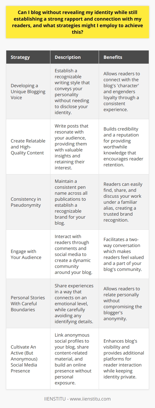 Anonymity in Blogging: Crafting a Connection Without Revealing Your IdentityIn the realm of blogging, anonymity can often be as much of a choice as a necessity. The ability to communicate ideas, share stories, and spark discussions without unveiling one's true identity allows for both freedom of expression and protection of personal privacy. But can an anonymous blogger still establish a meaningful rapport with their readers? Absolutely. The key is to employ mindful strategies that foster familiarity and trust, even when the person behind the words remains a mystery.**Developing a Unique Blogging Voice**When your identity is hidden, your voice becomes your identity. Developing a distinctive writing style and tone provides consistency and personality to your work. Even without an attached name, your readers begin to feel like they know 'you' through the perspective, humor, expertise, or emotions that infuse your posts. When this voice resonates with your audience, a bond begins to form.**Create Relatable and High-Quality Content**Creating content that strikes a chord with your audience is crucial. Addressing niche subjects with depth, offering fresh insights, and producing quality content regularly can set you apart. Engaging and informative posts can create a sense of value and reliability that encourages readers to return, grow attached to your blog's persona, and engage more deeply with your material.**Consistency in Pseudonymity**While your real name might not be shared, consistent use of a pseudonym can build recognition and reliability. A consistent pen name becomes your brand, your reputational banner that stands for something in the eyes of your readers. It's how they'll refer to you, share your work, and connect with the personality behind the screen.**Engage with Your Audience**Regular interaction with readers is vital for building a connection. Be present in the comments section, answering questions, and expressing gratitude for feedback. Running Q&A sessions, polls, or discussions about what topics your audience would like to read next can also enhance rapport while retaining your anonymity.**Personal Stories With Careful Boundaries**Sharing personal anecdotes adds depth to your writing but doing so while preserving your anonymity requires careful boundary-setting. You can speak on personal experiences but should always leave out or alter specific details that could lead to your identification. It's the emotions and universal themes in these stories that resonate with readers, not the intimate specifics.**Cultivate An Active (But Anonymous) Social Media Presence**Creating anonymous social media profiles tied to your blog allows for expansion of your presence and post reach. Engage with your followers through these accounts using the same pseudonym. Share snippets of your life or thoughts related to your blog's content while being cautious not to divulge identifying details. Use these platforms to support your blog content and vice versa.Anonymity in blogging does not preclude the formation of strong, genuine connections with your readers. Through authenticity, consistent pseudonymity, reader engagement, personal but non-identifying stories, and active yet cautious social media use, you can create an influential and trusted online presence. By following these guidelines, you can ensure that your blog becomes a trusted haven for your audience — one where the quality and resonance of your content, rather than your personal identity, are the focus.