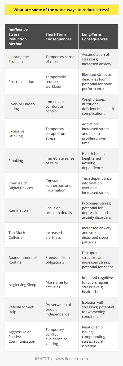 While finding ways to manage stress is crucial for maintaining good mental and physical health, some popular methods can actually exacerbate stress rather than alleviate it. Here are some of the least effective and potentially harmful ways people might try to reduce stress:1. **Ignoring the Problem**: One of the worst ways to handle stress is to ignore it. Denial won't make stress go away and often leads to a build-up of problems that become harder to manage over time.2. **Procrastination**: Avoiding tasks that need to be done can temporarily make you feel less overwhelmed, but in the long run, procrastination typically increases stress as deadlines approach and tasks pile up.3. **Over- or Under-eating**: Many people turn to comfort foods or skip meals altogether in response to stress. Both can be damaging: overeating can lead to weight gain and health issues, while under-eating deprives your body of necessary nutrients.4. **Excessive Drinking**: Turning to alcohol to soothe stress is a common but counterproductive strategy. Alcohol might seem to provide a temporary escape, but it can lead to addiction and exacerbate stress in the long term.5. **Smoking**: Smoking is often used as a stress reliever but it’s a harmful habit. Not only does it contribute to a variety of health issues, but the relief it provides is only temporary and can increase anxiety as the effects wear off.6. **Overuse of Digital Devices**: While technology can be incredibly useful, constantly checking emails, social media, or news can keep you in a perpetual state of alertness and contribute to stress.7. **Rumination**: Dwelling on problems, replaying situations in your mind, and worrying about issues without taking constructive action can deepen and prolong stress.8. **Too Much Caffeine**: Excessive consumption of caffeine can lead to increased heart rate and nervousness, potentially increasing feelings of stress.9. **Abandonment of Routine**: While it may be tempting to drop all activities and responsibilities when feeling stressed, maintaining a regular schedule can provide structure that is in itself stress-reducing.10. **Neglecting Sleep**: Skimping on sleep to get more done can backfire, as lack of sleep is linked to a range of negative health outcomes and can significantly increase stress levels.11. **Refusal to Seek Help**: Sometimes, the best way to manage stress is to ask for support. Avoiding asking for help or rejecting assistance offered by friends, family, or professionals can isolate you with your stressors.12. **Aggressive or Passive Communication**: Poor communication skills can result in misunderstandings, conflicts, and increased stress. Whether it’s being too passive and not expressing needs or too aggressive and creating tensions, ineffective communication worsens stress.Other, potentially more helpful approaches to managing stress include engaging in regular physical activity, practicing mindfulness or meditation, and setting aside time for hobbies and relaxation. Moreover, techniques such as deep breathing exercises, cognitive-behavioral strategies, or seeking therapy can be valuable tools for managing stress constructively.In the realm of online education and professional development, IIENSTITU offers various courses and resources that can help individuals improve their stress management skills. By educating oneself and learning effective stress reduction methods, it is possible to navigate life's challenges with a sense of calm and resilience.