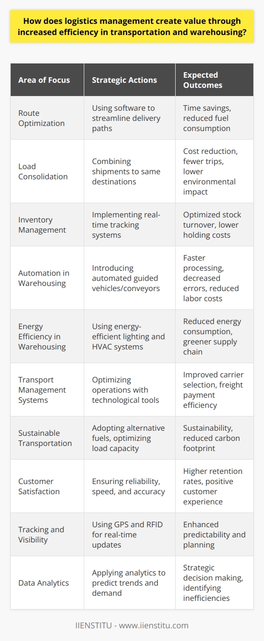 Logistics management generates significant value for organizations by optimizing both transportation and warehousing activities, which are core components of the supply chain. By doing so, it can lead to cost savings, improved customer service, and enhanced competitiveness.### Efficiency in TransportationTransportation is often one of the most costly aspects of logistics, and it is a vital component of delivering goods in a timely and efficient manner. Logistics managers focus on several key areas to increase efficiency:- **Route Optimization:** Using sophisticated software to analyze and streamline routes ensures that goods are delivered using the most efficient paths possible, saving time and reducing fuel consumption.- **Load Consolidation:** Combining shipments going to the same destination can reduce costs and the number of trips, resulting in a lower environmental footprint and better asset utilization.- **Carrier Selection:** By selecting the most appropriate carriers based on cost, reliability, and capability, logistics managers can ensure that transportation is both cost-effective and meets service requirements.### Warehousing EnhancementsThe value created in warehousing is largely impacted by the ability to store products effectively, manage inventory accurately, and fulfill orders efficiently:- **Inventory Management:** Advanced systems facilitate real-time visibility of stock levels and locations, leading to optimized inventory turnover and reduced holding costs.- **Automation:** Implementing automation in warehouses, such as automated guided vehicles or conveyor belts, can significantly speed up the picking and packing process, decrease errors, and lower labor costs.- **Layout Optimization:** Designing the warehouse for optimal flow can minimize travel time and streamline the storage and retrieval process, improving overall efficiency.### Integration of TechnologyLogistics management relies on technology, and advancements in this area have brought about transformational changes:- **Tracking and Visibility:** GPS and RFID technology give logistics managers and customers real-time visibility into where products are in the transportation process, enhancing predictability and allowing for better planning.- **Data Analytics:** Big data analytics can help in predicting trends, planning for demand, and identifying inefficiencies within the supply chain.- **Transport Management Systems (TMS):** These systems provide logistics managers with the tools they need to optimize transportation operations, from carrier selection and rate comparison to freight payment and audit.### Sustainable PracticesLogistics management not only seeks efficiency but also sustainability, recognizing the growing consumer and regulatory demands for environmentally friendly practices:- **Eco-friendly Transportation:** Utilizing alternative fuel vehicles or optimizing load capacity to reduce the number of trips required embodies sustainable transportation efforts.- **Reducing Waste:** Strategies like returnable packaging systems, sustainable packaging materials, and waste reduction techniques in warehousing can reduce the environmental impact.- **Energy Efficiency:** Implementing energy-efficient lighting, cooling, and heating systems in warehouses contributes to a greener supply chain.### Customer Satisfaction and RetentionUltimately, the purpose of increased efficiency in logistics management is to keep customers satisfied, which in turn drives business success:- **Reliability:** Efficient logistics lead to reliable fulfillment processes, instilling customer confidence.- **Speed:** Minimizing delays in transportation and streamlining warehousing operations ensure customers receive their products quickly.- **Accuracy:** Precise inventory management and order processing mean customers get exactly what they ordered, reducing returns and complaints.In delivering value through improved transportation and warehousing, logistics management encourages not only cost savings and efficiency gains but also supports strategic business objectives such as growth, customer satisfaction, and sustainability. By utilizing technology and adopting best practices, logistics management can transform these fundamental supply chain operations into a source of competitive advantage.