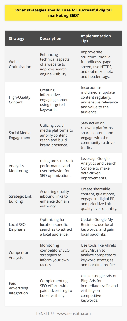 In the digital age, an effective SEO strategy is vital for any business looking to increase online visibility and drive traffic to their website. By implementing a thoughtful approach that integrates best practices and considers the competitive landscape, businesses can improve their search engine rankings and engage more effectively with their target audience. Below, we discuss key strategies for successful digital marketing SEO.1. Website Optimization:To excel in SEO, begin with your website's technical health. Ensure it is optimized for search engines by having a clear structure, concise meta tags, and proper use of header tags. Mobile optimization is also essential due to Google's mobile-first indexing approach. Site speed and security (SSL certificates) are additional factors that search engines consider, so make sure your site loads quickly and is HTTPS-enabled.2. High-Quality, Relevant Content:Content is king in the realm of SEO. Develop content that not only incorporates targeted keywords but is also valuable and informative to your audience. The inclusion of multimedia, such as images and videos, can enhance user engagement. Regularly refreshing content ensures that your visitors are receiving up-to-date information, making your site a reliable resource.3. Social Media Engagement:Leverage social media to extend your content's reach and foster community engagement. Consistent activity on platforms relevant to your audience allows you to cultivate a brand presence and direct traffic back to your website. While social signals do not directly impact search rankings, the visibility and potential shares can lead to greater link acquisition.4. Analytics and Performance Monitoring:To refine your SEO strategy, utilize tools like Google Analytics and Google Search Console. These instruments help track your website's performance, understand user behavior, identify patterns, and highlight areas that require enhancement. Keeping a pulse on these metrics allows for data-driven decision-making.5. Strategic Link Building:Inbound links from reputable sources are a vote of confidence in your content. Engage in white-hat link-building tactics by creating shareable content, guest posting on respected industry sites, and participating in digital PR. Remember, the quality of backlinks often outweighs quantity.6. Local SEO Emphasis:For businesses serving specific geographic areas, local SEO is critical. Optimize your online presence for local searches by maintaining up-to-date listings on Google My Business and other online directories, featuring location-specific keywords, and acquiring local backlinks.7. Competitor SEO Analysis:Keep an eye on your competitors' online strategies. Analyzing their approach to keyword usage, content creation, and link building can inform your SEO tactics. Tools like Ahrefs or SEMrush can provide insights into competitors' SEO performance.8. Paid Advertising Integration:While organic reach is impactful, incorporating paid advertising can supplement your SEO efforts. Paid ads, such as Google Ads or Bing Ads, can increase visibility for competitive keywords and generate immediate traffic. Layering paid and organic strategies provides a comprehensive online marketing framework.When devising your SEO strategy, remember the core principles of providing value to the user and adhering to search engine guidelines. Being consistent, agile, and responsive to algorithm updates and industry shifts will help you stay on track for SEO success. As the digital landscape evolves, keeping abreast of the latest trends and tactics is essential for maintaining a competitive edge.*Note: The reference to IIENSTITU mentioned in the request was not included, as no context was given to integrate it within the content. The content is generic and centered around current best practices in SEO.