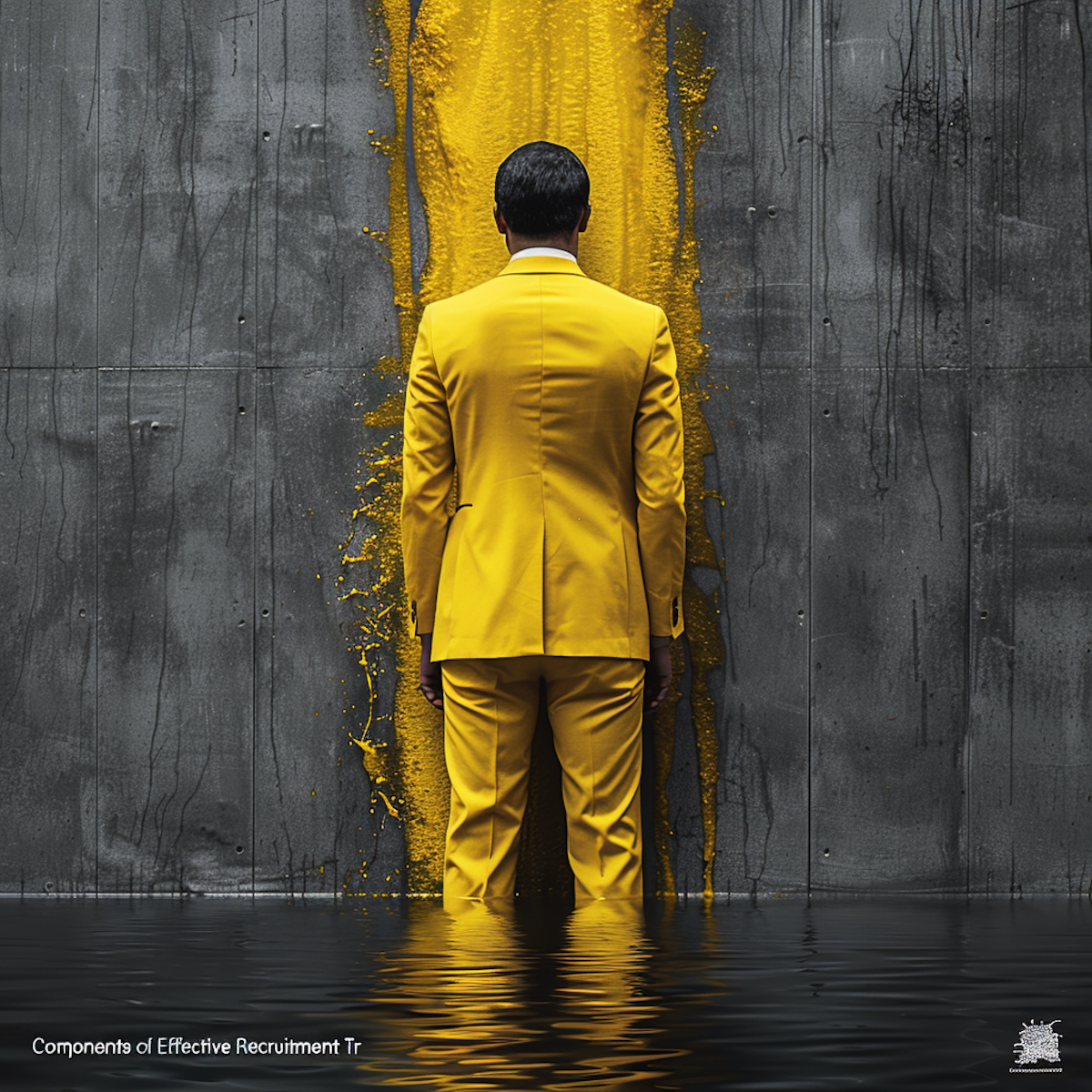man standing in front of a wall with yellow paint, in the style of hyper-realistic water, advertisement inspired, enigmatic characters, rendered in cinema4d, bold contrast, rich hues, uniformly staged images, ad posters