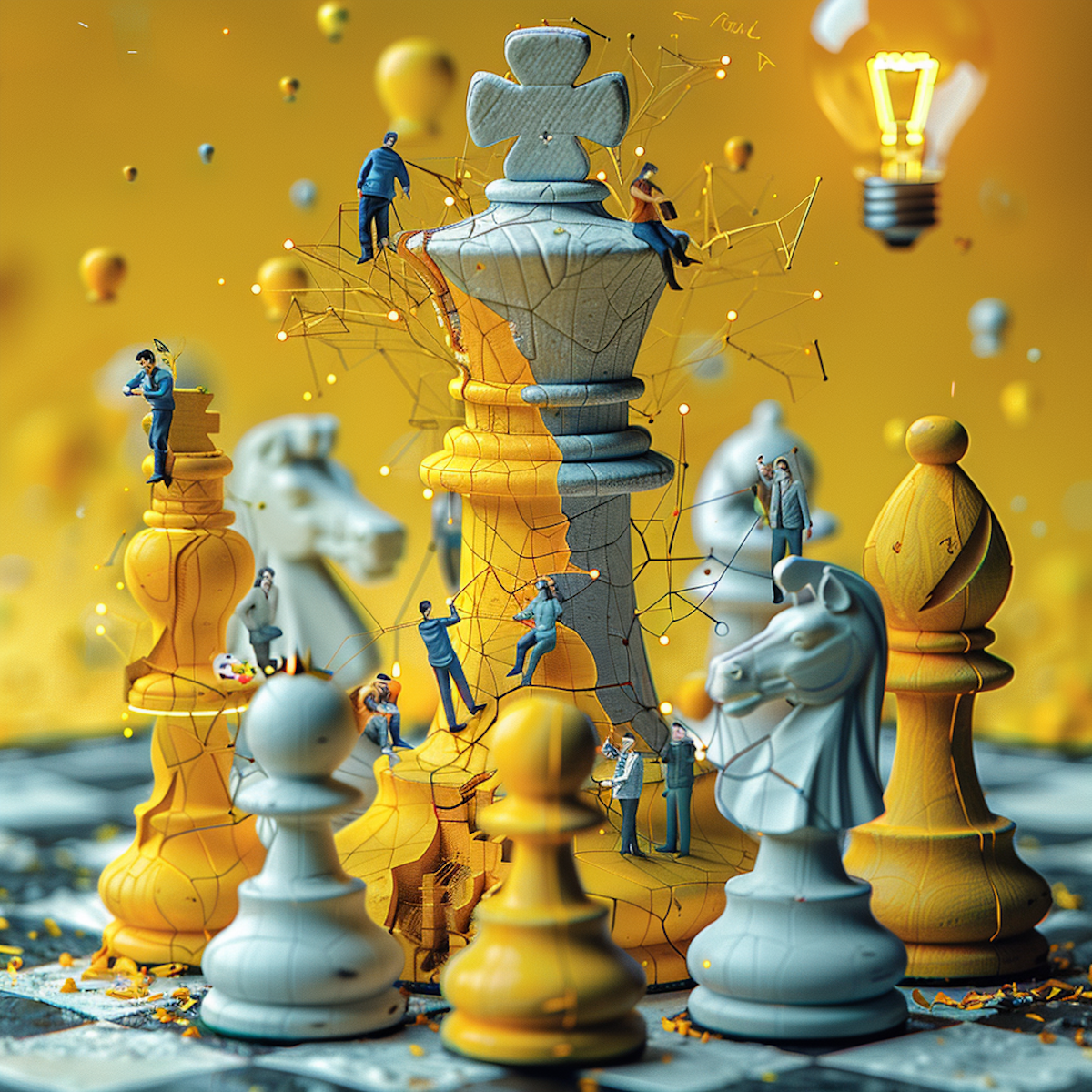 Visualize a dynamic, engaging scene that humorously captures the transformative impact of recruitment training programs on organizations. Imagine a chessboard, representing the strategic aspect of recruitment, where each chess piece is humorously replaced with miniature office scenes: candidates being interviewed, training sessions in progress, and employees celebrating promotions. The chessboard is set against a vibrant background of yellow, black, and white, symbolizing the clarity, optimism, and precision these programs bring to the hiring process. Around the board, small groups of characters, depicted in a whimsical, cartoonish style, engage in activities that represent different benefits of recruitment training, such as a group enhancing a glowing sign labeled 'Employer Brand,' another group joyfully constructing a bridge over a 'Turnover Rate' chasm, and a duo shaking hands, sealing a deal faster than a shadow clock can tick, symbolizing the shortened hiring cycle. Above this scene, a lightbulb, symbolizing innovative ideas and learning, shines brightly, illuminating the path for career growth and personal development, with characters climbing a ladder towards it. Each element, from the chessboard to the lightbulb, is interconnected by lines of light, suggesting the comprehensive, interconnected nature of recruitment training programs and their role in fostering a culture of learning, excellence, and strategic talent development.
