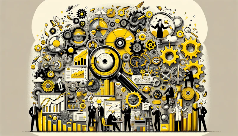 This image expresses the concept of "Value Stream Analysis: A Comprehensive Guide for Efficiency Optimization" in a detailed and meaningful way. The visual is designed in yellow, black and white with other accent colors. Through compelling storytelling, it explores the idea of process optimization and efficiency improvement from various angles and encourages the viewer to think about it in new and creative ways.