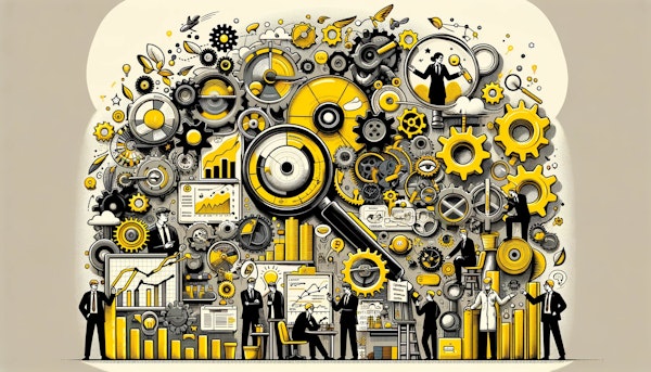 This image expresses the concept of "Value Stream Analysis: A Comprehensive Guide for Efficiency Optimization" in a detailed and meaningful way. The visual is designed in yellow, black and white with other accent colors. Through compelling storytelling, it explores the idea of process optimization and efficiency improvement from various angles and encourages the viewer to think about it in new and creative ways.