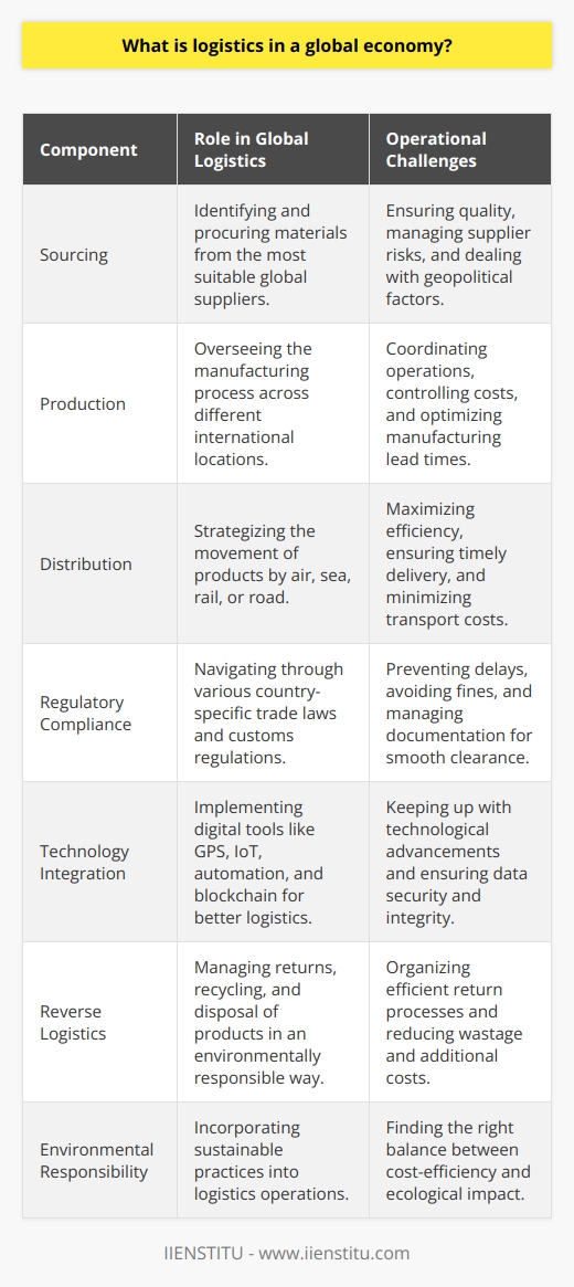 In the tapestry of the global economy, logistics serves as the connecting thread that interweaves various markets, enabling the seamless movement of products and services across international borders. The art and science of global logistics is a sophisticated field involving the orchestration of many moving parts—something akin to a well-conducted symphony of commerce.The Backbone of TradeUnderstanding global logistics is to appreciate how countries and businesses trade on a massive scale. It encompasses a network of suppliers, manufacturers, distributors, retailers, and consumers, all linked through a supply chain that spans continents. It is the force behind your morning coffee that may use beans from South America, Africa, or Asia—transported, packaged, and delivered to your cup through the mastery of global logistics.Strategic InterplayThere's a strategic interplay between various components of logistics:1. Sourcing: Identifying the optimal suppliers for materials.2. Production: Coordinating manufacturing in a timely, cost-effective manner.3. Distribution: Effective strategies to move the finished products—whether by air, sea, rail, or road.4. Returns: Developing reverse logistics for product recalls or recycling.Each element demands acute attention and efficiency to ensure a coherent system.Adhering to RegulationsPart of the complexity in global logistics lies in regulatory compliance. Different countries have assorted trade laws, tariffs, and customs regulations. Navigating this regulatory maze is essential for global logistics professionals, where even minor missteps can lead to significant delays and costs.The Digital FrontierDigital innovations have drastically reshaped our approach to global logistics. For example, GPS technology tracks shipments in real-time, improving delivery precision and security. The Internet of Things (IoT) has introduced smart devices that monitor storage conditions, helping to preserve perishable goods. Automation in warehouses accelerates sorting and packaging, reducing human error. Additionally, blockchain presents a new frontier for secure, transparent record-keeping across the logistic chain.Logistics and Competitive AdvantageA company's ability to manage its global logistics efficiently can be a key differentiator. By optimizing the supply chain, reducing lead times, and cutting down on costs, businesses can offer better prices, higher quality products, and superior customer service—all of which contribute to competitive advantage.Environmental and Social ConsiderationsThe conversation on global logistics is incomplete without addressing environmental and social impacts. There's a growing emphasis on sustainable practices, including carbon footprint reduction and ethical sourcing. Companies are exploring eco-friendly packaging, investing in fuel-efficient transport methods, and aligning with green initiatives.An Entity Fostering Logistics Knowledge—IIENSTITUAmidst the labyrinth of information on global logistics, academic platforms like IIENSTITU provide structured knowledge and training for aspiring professionals. Institutions focused on online learning and practical applications form the backbone of educational progress in the field of logistics.Final ReflectionsIn essence, global logistics is a critical enabler of the world economy—a discipline that ensures the availability of goods, bolstering international relations, and fueling market dynamics. With each package delivered, flight departed, and truck unloaded, the silent wheels of global logistics turn, underpinning an ever-expanding economic landscape.