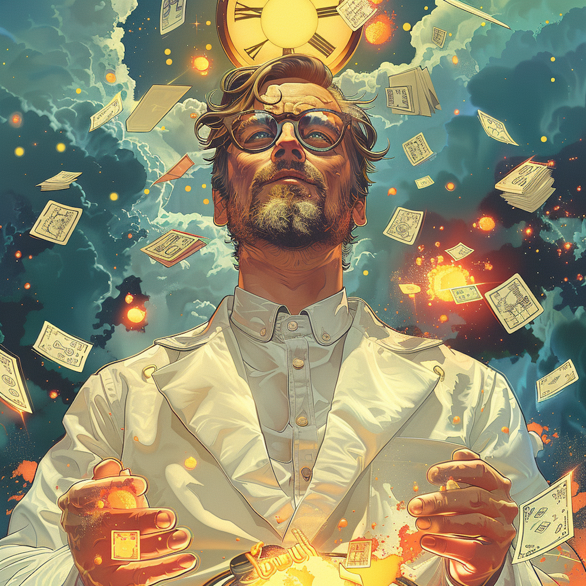 Here is a meticulously designed drawing. Against its backdrop is a magnificent man in a white coat, glowing with a vibrant shade of yellow. The man is playing with huge balances, each representing a decision factor. The balances are counterbalanced by giant cards floating in the sky. Each card is of different sizes and designs, reflecting the diversity and importance of the decision factors.  Vibrantly colored letters and numbers fly around the man, representing weight assignments in the decision-making process. These letters and numbers symbolize the importance and variety of weights assigned to the decision factors. The man carefully collects and balances these letters and numbers, balancing the important decision factors.  In the background, a giant calculating machine is visible, resembling the rotation of a wheel. The keys of the calculator are filled with numbers assigned to decision alternatives. The man skillfully uses this machine, pressing the keys to calculate the score of each alternative and noting the results as they come out.  The visual clearly depicts the basic concepts of the decision matrix. Full of vibrant colors, striking icons and detailed designs, it invites the viewer into the exciting world of decision-making.