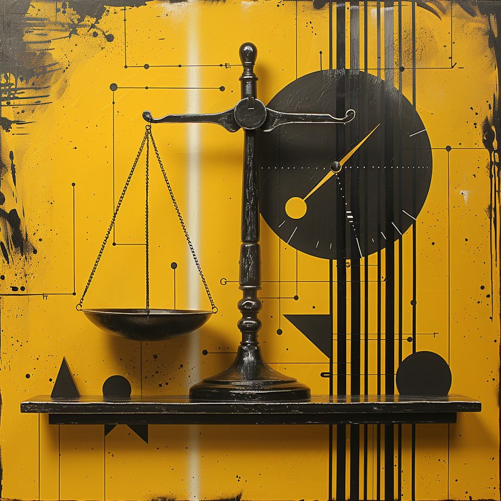 A striking image emerges, portraying the benefits and limitations of a Weighted Decision Matrix using only the colors yellow, black, and white.  In the center of the image, a large scale dominates the scene. The scale is depicted in bold black lines against a backdrop of vibrant yellow, symbolizing objectivity and transparency in decision-making. On one side of the scale, a radiant beam of white light represents the concepts of objectivity and transparency.  On the other side of the scale, a series of bold black and white stripes form a pattern reminiscent of a barcode. Each stripe represents a different decision option, emphasizing the systematic approach of the decision-making process. The stripes are arranged in order of priority, showcasing the prioritization of choices.  Surrounding the scale, a series of geometric shapes in black and yellow depict transparency and clarity in decision-making. Each shape represents an aspect of the decision process, highlighting the importance of clear communication and understanding among stakeholders.  In the background of the image, bold black clouds of smoke rise against a backdrop of vibrant yellow. These clouds represent the challenges and limitations of decision-making, adding depth and complexity to the visual narrative.  This striking image captures the essence of a Weighted Decision Matrix using only the colors yellow, black, and white, inviting viewers to explore the intricacies of decision-making in a visually compelling way.
