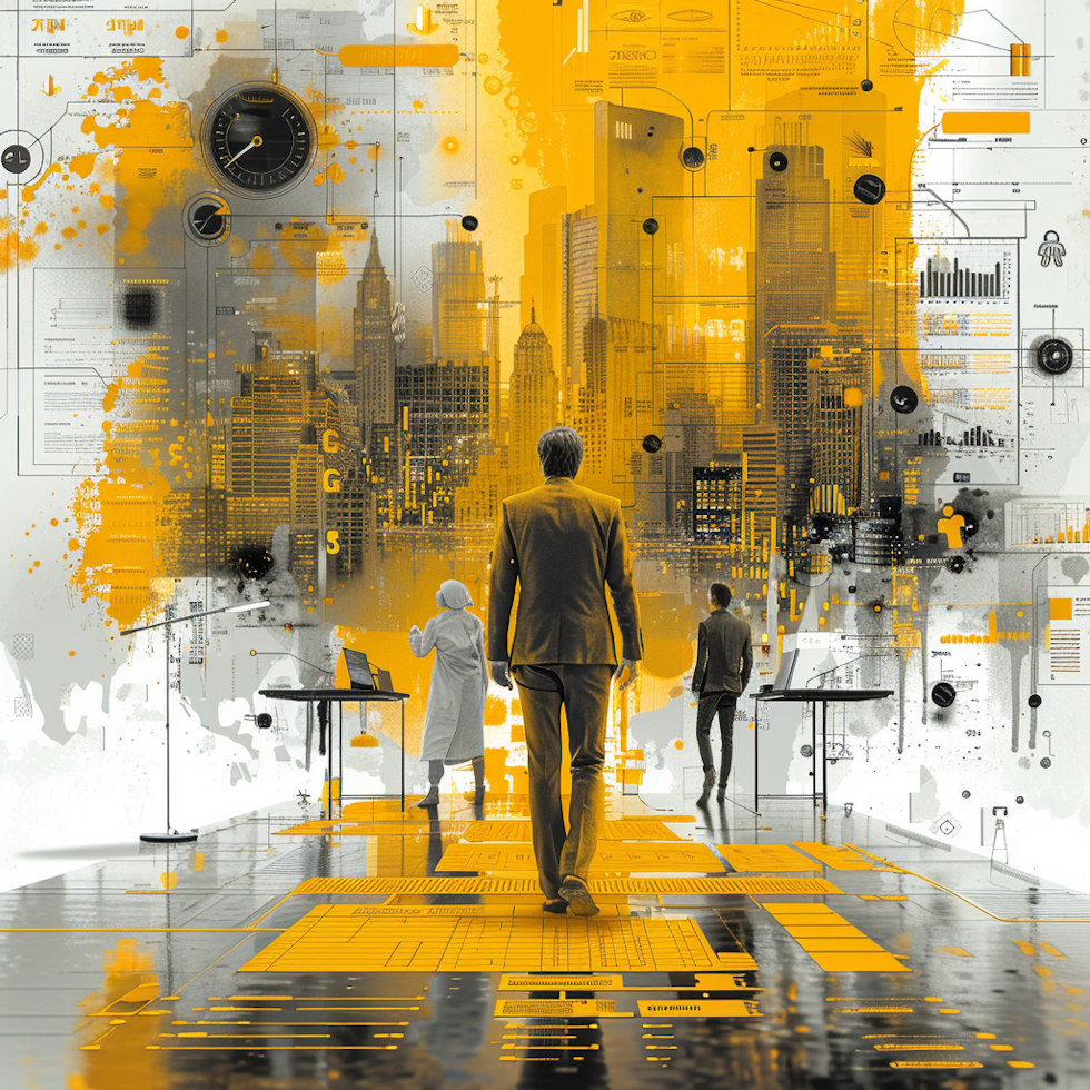An evocative image unfolds before you, showcasing the diverse applications of the Weighted Decision Matrix (WDM) in a visually striking manner.  At the forefront of the image, a stylized business setting is depicted in bold yellow and black hues. Figures in business attire are engaged in discussions around a table, symbolizing the use of WDM in business decision-making processes. Charts and graphs adorn the walls, emphasizing the analytical nature of the approach.  In the background, a futuristic cityscape emerges, characterized by sleek lines and geometric shapes. This represents the application of WDM in engineering and technology, where it is utilized to evaluate design alternatives and material choices. Buildings and structures display innovative features, illustrating the integration of technical specifications and economic considerations.  Moving to another corner of the image, a medical facility comes into view. Doctors and healthcare professionals consult data screens and charts, highlighting the role of WDM in health and medicine. Patient outcomes, cost implications, and treatment efficacy are carefully considered, underscoring the significance of informed decision-making in healthcare settings.  As the scene expands, a lush green landscape unfolds, showcasing the application of WDM in environmental policy-making. Government officials and environmental experts gather around a conference table, discussing policy options against the backdrop of nature. Trees sway gently in the breeze, symbolizing the balance between development and conservation that WDM helps to achieve.  Finally, the image zooms out to reveal a collage of various domains where WDM finds practical usage. Research labs, renewable energy projects, and corporate boardrooms blend seamlessly, illustrating the versatility of this decision-making tool. Each scene is unified by the common thread of informed decision-making, facilitated by the structured approach of the Weighted Decision Matrix.  This captivating image encapsulates the breadth and depth of WDM's applications, inviting viewers to explore the intersection of data-driven analysis and real-world decision-making across diverse fields.