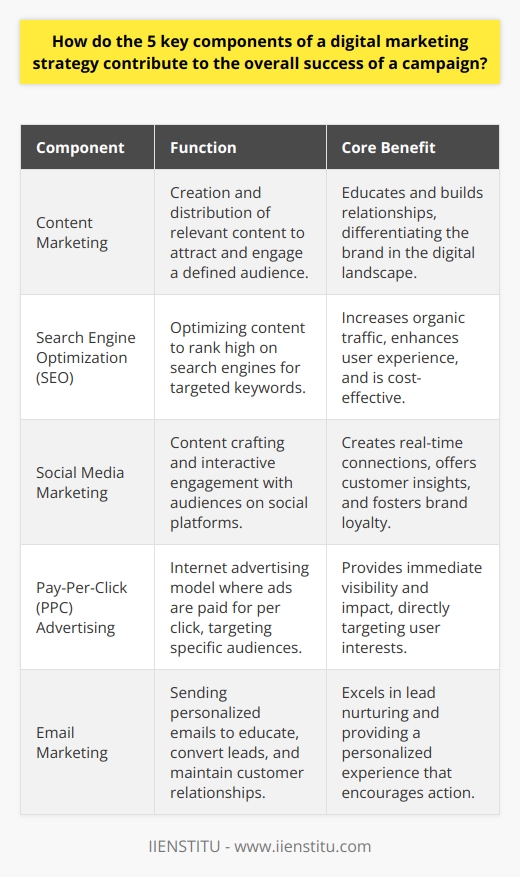 Digital marketing in today's business world is an indispensable tool for reaching and engaging with consumers. The success of a digital marketing strategy hinges upon the integrated performance of its five key components, each serving a unique function while also complementing the others. These components are content marketing, search engine optimization (SEO), social media marketing, pay-per-click (PPC) advertising, and email marketing.Content Marketing: The Substance of EngagementContent marketing is the strategic creation and distribution of valuable, relevant, and consistent content to attract and retain a clearly-defined audience. It is about telling your brand's story in a way that resonates with your target customers, addressing their needs and interests. Effective content marketing not only educates potential customers but also builds a relationship with them, making it easier to guide them through the sales funnel. This storytelling can set a brand apart in a crowded digital space.Search Engine Optimization: The Magnet for Online PresenceSEO is the process of optimizing digital content so that it appears among the top results on search engines like Google when users search for specific keywords or phrases. It's the digital magnet that attracts potential customers to your content. SEO practices include researching keywords, optimizing website speed, and creating high-quality content that search engines deem valuable for users. This organic endeavor increases website traffic, enhances user experience, and is cost-effective over time.Social Media Marketing: The Window for Engagement and FeedbackThe power of social media lies in its ability to connect brands with consumers where they spend a significant amount of their time. Each platform offers unique ways to engage with diverse audiences. Social media marketing involves crafting tailored content, managing posts, interacting with followers, and analyzing engagement data. This real-time connection not just offers a glimpse into customer preferences but also fosters brand loyalty through consistent engagement.Pay-Per-Click Advertising: The Catalyst for Immediate ImpactPPC advertising is a model of internet marketing in which advertisers pay a fee each time their ads are clicked. This approach allows for immediate visibility on search engines and websites. PPC campaigns can target users based on demographics, interests, and more, ensuring that the advertising is highly relevant and often results in immediate traffic and conversions. It's a powerful tool for brands that want quick results and are willing to invest in gaining customer attention rapidly.Email Marketing: The Personal Touch in Digital ConversationsEmail marketing is a form of direct marketing that uses personalized emails to educate and convert leads, as well as maintain relationships with existing customers. By segmenting email lists based on user behavior or demographics, companies can deliver highly personalized content that is relevant to each recipient. Email marketing excels in nurturing leads, providing them with targeted information, and encouraging them to take action, thus solidifying the relationship between the brand and the customer.Ultimately, these five components form a cohesive framework for a successful digital marketing strategy. Content marketing and SEO work in concert to draw in customers. Social media amplifies this content and fosters community. PPC puts the brand in the spotlight and drives immediate action, while email marketing nurtures and maintains that connection over time. A company that skillfully weaves these components together can expect not just short-term gains, but the establishment of a long-term digital presence that consistently drives growth and customer satisfaction.