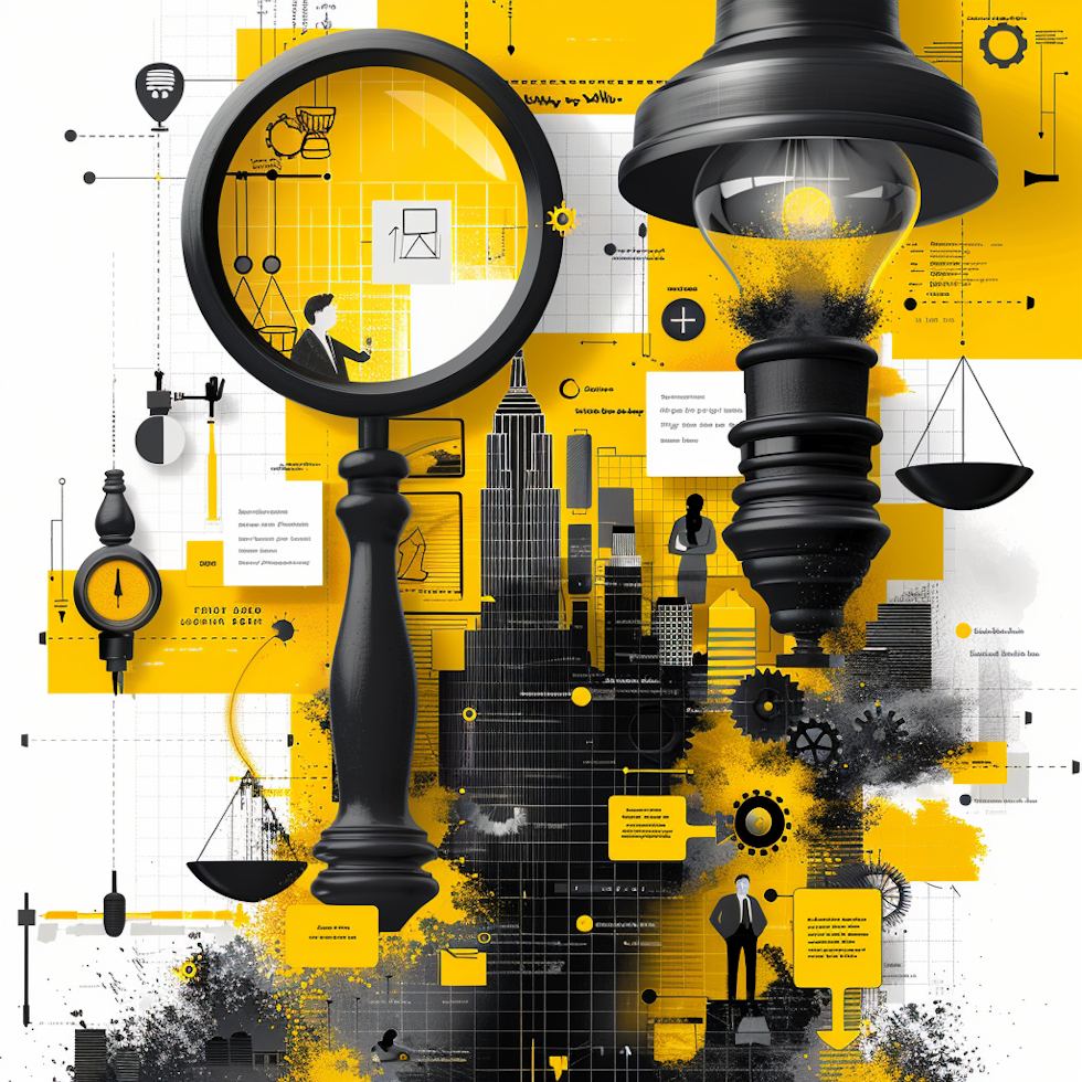 A visually stunning representation unfolds, illustrating recommendations for efficiently utilizing a Weighted Decision Matrix (WDM) using a palette limited to bold yellow, stark black, and crisp white.  At the forefront, a magnifying glass hovers over swirling data, symbolizing the importance of understanding the decision context. The magnifying glass, outlined in bold black, signifies the need for thorough research and consultation. Meanwhile, the swirling data, depicted in striking yellow and white, emphasizes the complexity of the decision-making landscape.  In the background, a diverse group of individuals collaborates around a table, each contributing to the definition of factors and determination of weights. Speech bubbles, outlined in sharp black lines, float above their heads, containing factors and weights in bold yellow and white text. This highlights the necessity of clear definitions and balanced perspectives in decision-making.  As the scene progresses, a set of balanced scales comes into view, symbolizing the importance of a balanced scoring system. The scales, rendered in contrasting black and white, bear symbols representing different criteria, emphasizing the need for consistency and reliability in assessment.  Continuing onward, a series of arrows points towards a glowing orb of light, symbolizing the comprehensive review of output. The arrows, rendered in vibrant yellow, signify the critical examination of results, while the glowing orb, outlined in bold black, represents the illumination of practical insights driving informed decision-making.  Surrounding the entire scene, a border of interconnected gears and cogs, rendered in stark black, symbolizes the interconnectedness of the recommendations and their role in driving efficient decision-making processes.  This captivating image encapsulates the essence of recommendations for efficiently using a Weighted Decision Matrix, inviting viewers to explore the intricacies of data-driven analysis and decision-making with clarity and purpose.