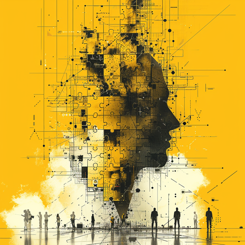 A striking monochromatic illustration dominates the frame, rendered in bold shades of black, white, and yellow. In the center, a towering structure reminiscent of a complex puzzle stands as a symbol of team organization. Each piece of the puzzle represents a different aspect of team structure, intricately interlocked to form a cohesive whole. Surrounding the puzzle structure, a network of interconnected lines and arrows symbolizes the alignment of team structure with organizational goals. These lines radiate outward, connecting each puzzle piece to a central hub representing company objectives. The stark contrast between the black lines and the vibrant yellow background emphasizes the importance of alignment in achieving optimal performance. In the foreground, silhouetted figures engage in collaborative activities, representing the significance of interdepartmental collaboration. These figures work together seamlessly, their individual strengths complementing one another as they strive towards a common goal. The simplicity of their forms against the dynamic backdrop highlights the power of collaboration in driving innovation and propelling the company forward. Overall, the image conveys a sense of unity and purpose, showcasing the essential elements of team organization for optimal performance. Through its bold use of color and intricate symbolism, the illustration captures the dynamic interplay between individual prowess and collective synergy in the pursuit of organizational excellence.