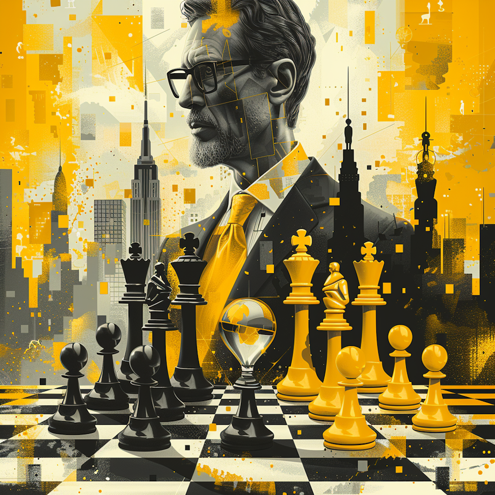 A striking visual composition in black, white, and shades of yellow unfolds before you. The focal point of the image is a chessboard, rendered in bold black lines against a backdrop of vibrant yellow. Each square of the chessboard is meticulously filled with intricate patterns, symbolizing the complex landscape of strategic workforce planning. On one side of the chessboard stands a figure representing the anticipation of future industry trends. Clad in a sleek black suit with a yellow tie, the figure gazes intently at a crystal ball held in hand. Within the crystal ball, swirling wisps of fog depict the uncertain future of industry trends. Behind the figure, towering skyscrapers rise, their windows glowing with the promise of technological advancements. On the opposite side of the chessboard, another figure embodies workforce analysis and succession planning. Dressed in crisp white attire, this figure is surrounded by flowing charts and graphs, symbolizing the analytical approach to talent management. A golden hourglass rests on the table beside them, representing the passage of time and the importance of succession planning in ensuring organizational continuity. Between these two figures, strategic moves are being made on the chessboard. Each piece, adorned with yellow accents, represents a key aspect of workforce planning--strategic talent acquisition, development, succession, and adaptability. The interplay of these pieces symbolizes the dynamic nature of strategic workforce planning, where foresight and adaptability are essential for success. In the background, a horizon of skyscrapers stretches into the distance, their silhouettes outlined against a golden sunset.