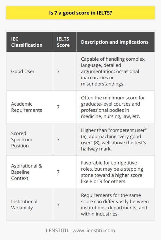 In navigating the landscape of English language proficiency assessments, the International English Language Testing System (IELTS) stands out as a globally recognized standard. A score of 7 in IELTS translates to a “good user” of the English language, according to the official scoring guidelines. This designation implies that the individual is capable of handling complex language well and dealing with detailed argumentation, although inaccuracies, inappropriacies, and misunderstandings may occur in some situations.When scrutinizing the value of a score of 7 in IELTS, the context within which one is evaluating the score is of utmost importance. Here’s what you need to know to gauge the significance of this score:Academic and Immigration Implications:Academically, many institutions around the world view a score of 7 as a strong endorsement of a student's English proficiency, often setting this benchmark as the minimum requirement for admission into certain courses, particularly at the graduate level. Moreover, certain professional bodies that regulate entry into vocations such as medicine, nursing, or law might also mandate a minimum of 7 as proof of adequate English skills.Performance within the broader Spectrum:It's essential to consider a score of 7 within the broader spectrum of IELTS scoring. The band scores range from 0 (did not attempt the test) to 9 (expert user). A 7 indicates that the individual has surpassed the halfway mark decisively and is nearer to the “very good user” (score 8) than to the “competent user” (score 6).Aspirational Goals and Individual Baseline:For individuals aiming for top-tier universities or specialized roles in certain industries, a score of 7, while competitive, may be just the starting point, with aspirations driving them towards an 8 or even a 9. However, if an individual has made a significant leap from a prior score, say a 5.5 to a 7, this demonstrates a substantial improvement in language abilities and can be a considerable personal or professional milestone.Institutional Variations:It's important to note that requirements can vary widely between institutions, and even within departments of the same university or different roles within the same industry. Prospective candidates should conduct in-depth research into the specific requirements of their intended course or profession to ascertain if a score of 7 aligns with their objective.A score of 7 is indisputably a strong indication of English language proficiency and can be the key to unlocking opportunities for higher education and professional advancement. However, it is not the definitive measure of sufficiency as this can only be determined in light of the individual's specific circumstances, goals, and the standards of the organization they wish to enter. Continuous effort to further improve language skills is always valuable, regardless of whether a 7 is considered “good enough” for immediate objectives.