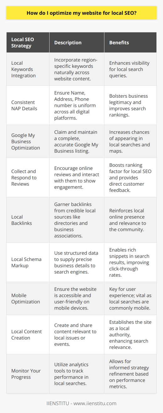 Optimizing a website for local SEO is essential for businesses targeting customers in a specific geographic area. Here's a brief guide on how to leverage local SEO to climb the ranks in local search results:1. **Local Keywords Integration**:   Start by integrating keywords that reflect local search queries. This involves researching the terms people in your area use when looking for businesses or services similar to yours. Embed these keywords naturally in your website’s content, including the homepage, about us page, and service pages, as well as in your blog posts, if applicable.2. **Consistent NAP Details**:   Display your Name, Address, and Phone number (NAP) clearly on your website, ensuring that it's consistent across all platforms, including social media, local directories, and your website. Search engines use NAP consistency to verify the legitimacy of a business, which can affect search rankings.3. **Google My Business Optimization**:   Claim and optimize your Google My Business listing, making sure that all the information is complete and accurate. Regularly update your GMB with fresh content, such as posts, offers, events, and respond to reviews promptly. Also, categorize your business properly so that it can appear for the correct search queries.4. **Collect and Respond to Reviews**:   Encourage customers to leave reviews online and make sure to respond to them, whether they are positive or negative. Reviews are a ranking factor for local SEO, and they also provide valuable feedback about your business.5. **Local Backlinks**:   Secure local backlinks from reputable sites within your community, like local directories, business associations, or sponsorship of local events. These backlinks help reinforce your local presence and demonstrate relevance to your area.6. **Local Schema Markup**:   Implement schema markup (structured data) on your website to provide search engines with detailed information about your business. This code helps search engines to display your site in rich snippets that can improve click-through rates.7. **Mobile Optimization**:   Ensure your website is mobile-friendly. Local search increasingly happens on mobile devices, and a mobile-optimized site is crucial for providing a good user experience, which is also a ranking factor for search engines.8. **Local Content Creation**:   Create content that speaks to local issues, news, or events. By doing so, your site becomes a local authority, improving its relevance in local search results. This can be through blog posts, videos, or local event pages.9. **Monitor Your Progress**:    Use tools such as Google Analytics to monitor your website's performance in local search. Keep an eye on the traffic coming from local search, and refine your strategy based on what's working.Focusing your strategy on these elements can significantly improve your local search visibility. Combining these tactics can help search engines recognize your site as a relevant, authoritative source for users searching for local services or businesses.