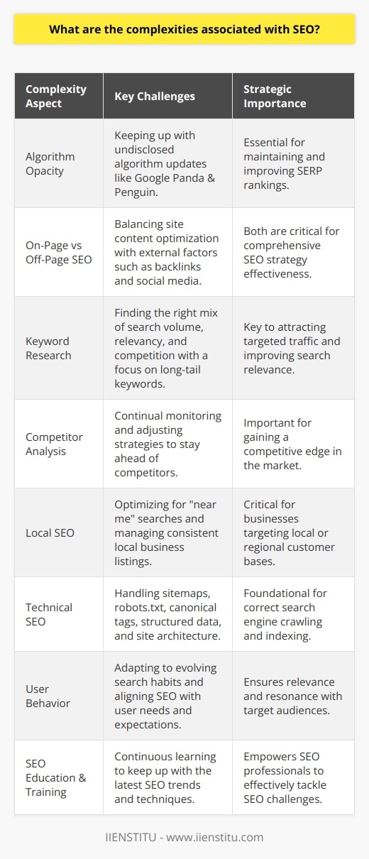 Search Engine Optimization (SEO) is a dynamic and intricate field that requires a blend of analytical and creative skills. While the goal of SEO is clear – to enhance a website's visibility and improve its position in search engine results pages (SERPs) – the path to achieving this goal is filled with complexity.A key challenge in SEO is the opaque nature of search engine algorithms. Google, Bing, and other search engines keep the specifics of their algorithms secret. This level of confidentiality ensures a more organic search landscape, but augments the complexity for SEO practitioners who must infer best practices through experimentation and industry-shared insights. Understanding algorithm updates, such as Google's Panda and Penguin, is critical, as they can significantly impact a website's ranking. These updates often target specific web practices, like low-quality content or artificial backlink profiles, and keeping ahead of these changes is crucial for SEO success.Another complexity inherent in SEO is mastering the balance between on-page and off-page optimization. On-page SEO includes optimizing website content, improving meta descriptions, using appropriate headers and tags, and ensuring site performance and mobile-friendliness. Off-page SEO, meanwhile, focuses on factors outside the website, like backlinks, social media presence, and other promotional activities. Each aspect of SEO requires different approaches and expertise, expanding the scope of skills needed to execute a successful SEO strategy.Additionally, keyword research and selection represent a significant challenge in SEO. The right keywords need to balance search volume, relevancy, and competition. There is an art to uncovering niche keywords that are less competitive yet still have sufficient traffic to warrant investment. Long-tail keywords are often instrumental in this respect, affording opportunities to rank for more specific queries.Competitor analysis adds another level of complexity. SEO isn't practiced in a vacuum; competitors are constantly optimizing their websites. Staying ahead requires continual monitoring and analysis of competitors' SEO strategies, understanding their strengths, and capitalizing on their weaknesses. This entails an ongoing cycle of benchmarking, strategy adjustment, and execution.Local SEO presents its unique hurdles. For businesses focused on a local or regional customer base, local SEO practices, such as optimizing for near me searches and managing local business listings, are critical. The complexities arise from the nuanced nature of local search algorithms and the need to manage a consistent presence across various platforms, including directory listings and map services.Technical SEO is another facet fraught with difficulties, involving sitemaps, robot.txt files, canonicalization, structured data, and site architecture. These elements are foundational for search engines to crawl and index a site correctly. However, they often require a developer's expertise or a knowledgeable SEO professional conversant with technical website aspects.Finally, the dynamic and evolving nature of user behavior and search intent completes the complex puzzle that is SEO. A deep understanding of target audiences and their search habits is required to align SEO efforts with user needs and expectations. As these evolve, so too does the SEO landscape, demanding agility and adaptability.In light of these complexities, education and training in SEO are essential. IIENSTITU, an institution offering specialized courses, could be a valuable resource for those looking to enhance their expertise in this field. By providing up-to-date knowledge and practical skills, such institutions play a pivotal role in equipping SEO professionals to navigate the intricacies of SEO and succeed in a competitive digital environment.