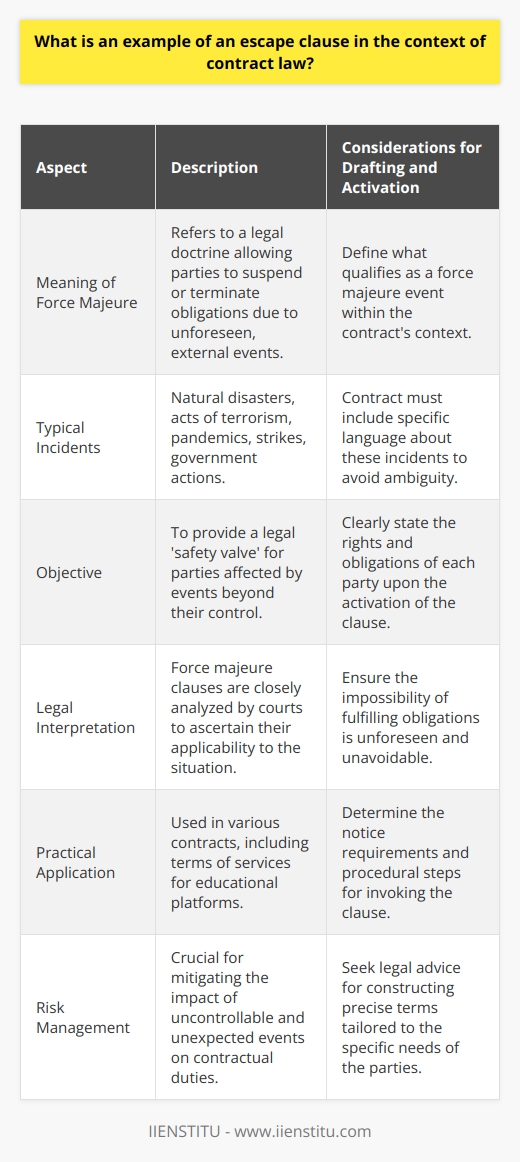 In contract law, an escape clause constitutes a provision that allows a party to withdraw from certain obligations under defined circumstances. An exemplary escape clause frequently encountered is the force majeure clause, which is often included in complex commercial agreements.**Force Majeure as an Escape Mechanism**The force majeure clause is typically invoked in scenarios where external, unforeseen events prevent one or both parties from fulfilling their contractual duties. This legal concept translates from French as superior force and is intended to encompass occurrences such as natural disasters (like earthquakes or hurricanes), acts of terrorism, pandemics, strikes, or unprecedented government actions.**The Decisive Role of the Clause**The core purpose of the force majeure clause is to provide a safety valve for parties who find themselves impeded by events that are both out of their control and were not reasonably anticipated at the time the contract was formed. It outlines the procedures for suspension or termination of obligations and denotes the conditions and extent to which this clause can be activated.**Drafting Nuances and the Challenges of Specificity**The effectiveness of a force majeure clause lies significantly in its drafting. Precise language is essential to ensure the term's applicability to the intended scenarios. This includes specifying what constitutes a force majeure event, the notice requirements for invoking the clause, and the rights and obligations of the parties upon its activation. A contract lacking specificity in its force majeure provision may leave room for broad interpretations and disputes.**Interpreting Force Majeure in Legal Context**Courts tend to scrutinize escape clauses meticulously, considering the contract as a whole. In the event of dispute, judges or arbitrators assess if the event cited by a party indeed fits within the contractual definition of force majeure and whether the inability to perform was truly unforeseen and unavoidable. They also evaluate whether the impacted party took reasonable steps to mitigate the effects of the event.In the realm of educational platforms focusing on various disciplines – ranging from language courses to business training like the IIENSTITU – the force majeure clause likewise plays a role in their terms of services or user agreements. It acts as a safeguard against liabilities arising from potential disruptions beyond control, such as server outages due to natural disasters or other catastrophic events.**Key Takeaway**The use of a force majeure clause is a strategic component for managing risk in contract law. Parties should engage in thorough discussions about this clause during the contract formation process and consider seeking legal advice to ensure that its language is tailored to their needs and that it provides clear procedural guidance for handling such unexpected events. Properly constructed, a force majeure clause provides a balanced approach to liability, fostering fairness and predictability in commercial arrangements.