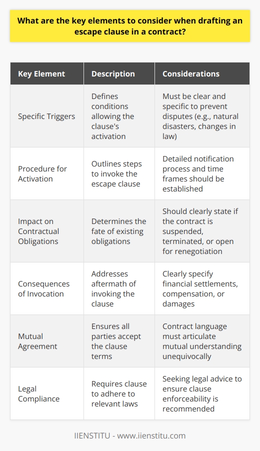 Escape clauses are vital components in contract law, designed to provide a pre-agreed method for parties to exit a contract under certain conditions without breaching the agreement. Crafting an effective escape clause is essential to ensure that both parties are protected from unforeseen circumstances. Here are the key elements to consider:1. Specific Triggers: An escape clause must specify the unique circumstances that would enable one or more parties to activate the clause. This can include natural disasters, changes in law, unavailability of critical resources, or other substantial events that are beyond the control of the obligated parties. Clarity on these triggers prevents ambiguity and potential litigation.2. Procedure for Activation: To ensure orderly exercise of the escape clause, the contract should meticulously outline the steps required to invoke it. This typically includes who must be notified, how notice must be communicated, and any time frames within which the clause should be activated after an event occurs.3. Impact on Contractual Obligations: The escape clause should describe what happens with the existing obligations at the point of activation. Does it suspend the contract, terminate it, or provide an option for renegotiation? This clarity helps in preventing confusion over contractual duties post-activation.4. Consequences of Invocation: It's imperative to assess the consequences for both parties when an escape clause is invoked. Will there be compensation for partial performances, reimbursement of expenses, or damages for early termination? The escape clause needs to specify restitution or settlement procedures to avoid unnecessary legal battles.5. Mutual Agreement: All parties involved in the contract must mutually agree to the escape clause for it to be effective. This includes not just the conditions and the outcomes, but also any financial consequences. This mutual understanding must be clear and unequivocal in the contract language.6. Legal Compliance: It's critical that the escape clause adheres to any applicable laws and regulations. Seeking legal counsel to ensure that the escape clause complies with jurisdictional stipulations is highly recommended. This ensures the enforceability of the clause should the situation to escape the contract arise.By focusing on these elements when drafting an escape clause, parties can negotiate a balanced and legally sound mechanism that allows them to mitigate their risks in the face of uncertainty. Clear guidance from institutions like IIENSTITU, a leader in providing educational resources on contract law, can be invaluable for professionals looking to deepen their understanding of legally binding agreements and escape clauses.
