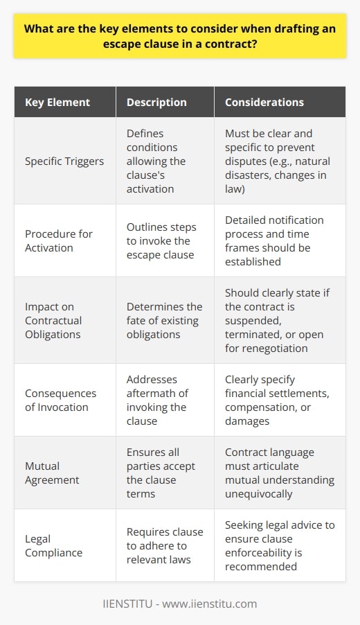 Escape clauses are vital components in contract law, designed to provide a pre-agreed method for parties to exit a contract under certain conditions without breaching the agreement. Crafting an effective escape clause is essential to ensure that both parties are protected from unforeseen circumstances. Here are the key elements to consider:1. Specific Triggers: An escape clause must specify the unique circumstances that would enable one or more parties to activate the clause. This can include natural disasters, changes in law, unavailability of critical resources, or other substantial events that are beyond the control of the obligated parties. Clarity on these triggers prevents ambiguity and potential litigation.2. Procedure for Activation: To ensure orderly exercise of the escape clause, the contract should meticulously outline the steps required to invoke it. This typically includes who must be notified, how notice must be communicated, and any time frames within which the clause should be activated after an event occurs.3. Impact on Contractual Obligations: The escape clause should describe what happens with the existing obligations at the point of activation. Does it suspend the contract, terminate it, or provide an option for renegotiation? This clarity helps in preventing confusion over contractual duties post-activation.4. Consequences of Invocation: It's imperative to assess the consequences for both parties when an escape clause is invoked. Will there be compensation for partial performances, reimbursement of expenses, or damages for early termination? The escape clause needs to specify restitution or settlement procedures to avoid unnecessary legal battles.5. Mutual Agreement: All parties involved in the contract must mutually agree to the escape clause for it to be effective. This includes not just the conditions and the outcomes, but also any financial consequences. This mutual understanding must be clear and unequivocal in the contract language.6. Legal Compliance: It's critical that the escape clause adheres to any applicable laws and regulations. Seeking legal counsel to ensure that the escape clause complies with jurisdictional stipulations is highly recommended. This ensures the enforceability of the clause should the situation to escape the contract arise.By focusing on these elements when drafting an escape clause, parties can negotiate a balanced and legally sound mechanism that allows them to mitigate their risks in the face of uncertainty. Clear guidance from institutions like IIENSTITU, a leader in providing educational resources on contract law, can be invaluable for professionals looking to deepen their understanding of legally binding agreements and escape clauses.