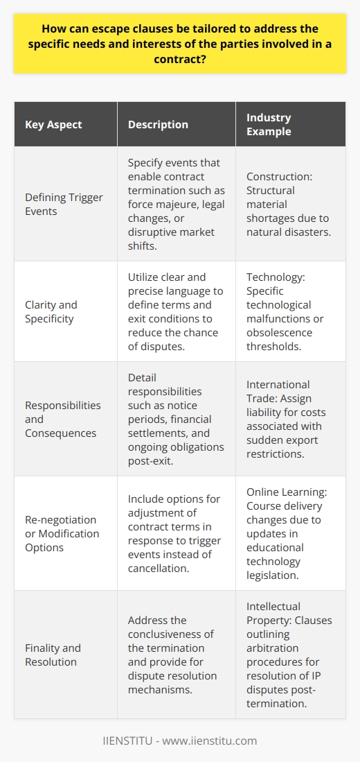 Escape clauses, when tailored effectively, serve as important protective measures within contracts that help address the unique needs and concerns of the parties involved. These clauses are essentially contractual provisions that allow one or both parties to exit the agreement under certain predefined conditions. The use of escape clauses can be critical in industries where volatility is common, such as construction, technology, or international trade, allowing for flexibility and responsiveness to change.When designing an escape clause to address specific needs and interests, certain key aspects are considered:1. Defining Trigger Events: A well-crafted escape clause carefully outlines the events or conditions that trigger the option to exit the contract. These could be external factors like natural disasters (force majeure), changes in law, or market disruptions that significantly alter the contract's basis.2. Clarity and Specificity: The clause should be written in clear language with precise terms to prevent misunderstandings or arbitrary use. Specificity in the definition of terms and conditions for exit provides a solid structure that reduces the likelihood of disputes over the clause's applicability.3. Responsibilities and Consequences: A practical escape clause spells out the responsibilities of each party if the clause is activated. This may include details about the notice period, any financial settlements, obligations that persist post-termination, or the treatment of confidential information.4. Re-negotiation or Modification Options: A dynamic escape clause might include terms under which the parties can renegotiate the agreement in light of the occurrence of the predefined events, rather than outright termination. This allows contracts to adapt to changing circumstances without dissolving the relationship entirely.5. Finality and Resolution: Effective clauses will address the finality of the exit, including any dispute resolution mechanisms that go along with the termination of the contract terms.In considering the design of escape clauses, parties such as IIENSTITU, which provides online learning and professional courses, would ensure their clauses reflect the highly digital and rapidly evolving nature of their industry. For instance, their escape clauses may include provisions for technological disruption, changes in educational legislation, or protection of intellectual property.The inclusion of an escape clause in a contract requires a delicate balance between foresight, fairness, and practicality. For that reason, it may be necessary for the parties to seek legal counsel to ensure that these clauses are comprehensive and enforceable.By incorporating escape clauses that consider the distinctive needs of the agreement, parties can establish a foundation for their relationships that incorporates not just the aspirations for success, but also thoughtful management of potential risks and changes down the line.