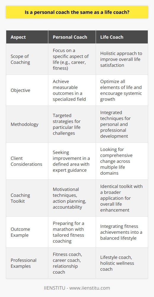 To discern the nuances between a personal coach and a life coach, one must delve into the specific functions and conceptual frameworks that underpin each role. While these terms are sometimes used interchangeably in colloquial contexts, clear distinctions do exist.Personal coaches laser-focus on a singular dimension of an individual's life. This specialization can be likened to working with a skilled architect to renovate one room in your house with great precision and attention to detail. The coach's expertise in a narrowed field, whether it's enhancing physical fitness, advancing in one's career space, or enhancing personal relationships, allows the client to dive deeply into a particular subject and achieve measurable outcomes in that area.Life coaching, akin to consulting a general contractor for an entire home renovation, requires a broader and more integrative perspective. Life coaches partner with clients to improve their overall life satisfaction. This may include goal setting and personal development that transcends categorization – in other words, they do not limit the conversation to one's career progression or physical well-being but seek to optimize all elements of a person's life. This holistic approach facilitates growth in interrelated domains, encouraging a systemic and comprehensive evolution of one’s life experience.The point of convergence for both personal and life coaching is their shared toolkit: the use of motivational techniques, accountability, action-oriented planning, and empathic support. Both coaches endeavor to empower their clients, encourage introspective thought, and support them in creating a fulfilling life. The coaching process is inherently dynamic and, in both cases, involves a commitment to facilitate personal growth and goal attainment.To illustrate, personal coaching might involve working with a client to prepare for a marathon or transition to a new career, while life coaching could help the same individual integrate their newfound fitness or professional shifts into a balanced and fulfilling lifestyle.In terms of choosing between the two, it's essential for potential clients to assess their current needs and long-term aspirations. Should their objectives be specific and well-defined, a personal coach with relevant expertise might be the best fit. If the client's ambitions are broad or involve several interconnected life areas, then a life coach might offer the comprehensive guidance and support needed.Ultimately, the journey of self-improvement and personal development is highly individualistic. Whether one chooses a personal coach or a life coach, the core objective remains constant: to harness the client’s intrinsic potential and foster a path toward a more enriching life, marked by personal growth and fulfillment.