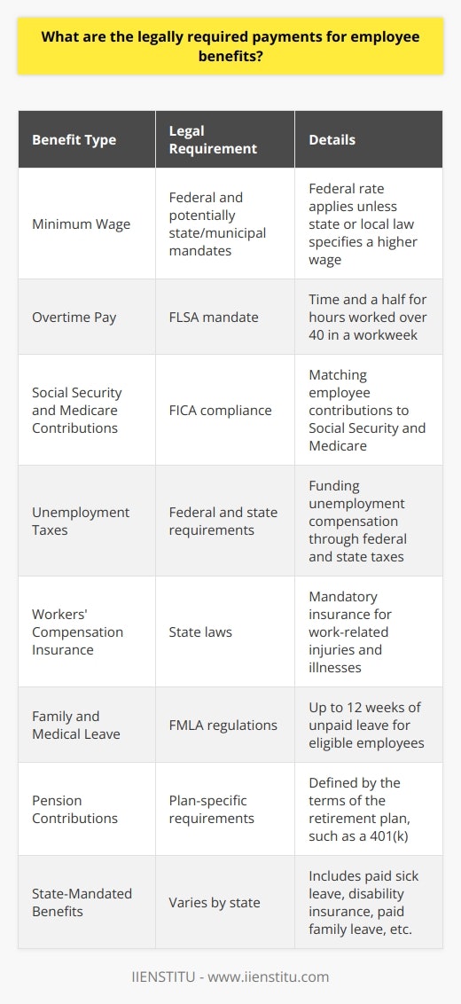 Understanding the legal requirements for employee benefit payments is critical for employers who aim to create a compliant and favorable work environment. Employee benefits are not only necessary for employee welfare but are also mandated by law. Below is an overview of the legally required payments for employee benefits that employers should be aware of.**Mandatory Employee Benefits**1. **Minimum Wage**:   Employers are required to pay employees at least the federal minimum wage, and in some cases, the state or municipal minimum wage if it is higher.2. **Overtime Pay**:   Under the Fair Labor Standards Act (FLSA), employers must pay eligible employees overtime at a rate of 1.5 times their regular pay rate for hours worked over the standard 40-hour workweek.3. **Social Security and Medicare Contributions**:   Known as FICA taxes, employers must contribute to Social Security and Medicare. This means deducting these taxes from their employees’ wages and matching the contributions.4. **Unemployment Taxes**:   Employers must pay federal and state unemployment taxes, which fund the unemployment compensation system.5. **Workers’ Compensation Insurance**:   Employers are legally required to carry workers’ compensation insurance to cover employees in case of work-related injuries or illnesses.6. **Family and Medical Leave**:   Under the Family and Medical Leave Act (FMLA), eligible employees are entitled to up to 12 weeks of unpaid leave for qualifying family or medical reasons.**Additional Benefit Payments**1. **Pension Contributions**:   If the employer offers a retirement plan such as a 401(k), they may be required to make specific contributions to match or non-elective contributions in accordance with the plan's terms.2. **State-Mandated Benefits**:   Some states require additional benefits, such as paid sick leave, disability insurance, or paid family leave. Employers must adhere to these state-specific mandates.**Discretionary Benefits and Compliance**While bonuses, wellness programs, and other incentives are often discretionary, employers need to administer these benefits fairly and consistently to avoid discrimination and ensure compliance with laws like the FLSA.**Tax Implications**Providing benefits can have tax implications. For instance, employer contributions to health insurance and retirement plans are generally tax-deductible expenses. However, certain benefits might be taxable for employees, and employers must handle withholding and reporting appropriately.**Confidentiality and Privacy**Employers must respect employee privacy, particularly regarding the use and disclosure of personal and compensation-related information. Regulations such as the Health Insurance Portability and Accountability Act (HIPAA) can apply to employee health benefits, requiring secure handling of health information.In conclusion, employers must diligently adhere to these legal requirements when providing employee benefits. It's imperative for employers to stay updated on changes in labor laws that could affect benefit payment obligations. Understanding these complexities ensures that businesses can avoid legal pitfalls, nurture a motivated workforce, and maintain an ethical and compliant workplace. The information provided in this content reflects general guidelines. Employers should consult with legal professionals or institutions specializing in labor law, like IIENSTITU, for advice tailored to their specific situation.