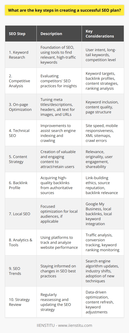 A successful SEO plan is a key component in a business's online visibility and reach. It includes a series of strategic steps aimed at improving a website's ranking on search engine results pages (SERPs), thus driving more organic traffic. Here are the key steps to creating a solid and effective SEO plan.1. Perform Comprehensive Keyword Research: Identifying the right keywords is the foundation of SEO. Use various keyword research tools to find relevant and high-traffic keywords that pertain to your business or industry. Consider user intent and variations of seed keywords, and focus on long-tail keywords that might have less competition but high conversion potential.2. Conduct a Competitive Analysis: Understanding your competitors' SEO strategies can offer valuable insights. Analyze their keyword targets, backlink profiles, content strategy, and SERP rankings. This will help you recognize opportunities they might have overlooked and threats to avoid.3. Optimize On-page Elements: This step includes optimizing your website's meta titles and descriptions, header tags, images (with alt text), and ensuring that your URLs are SEO-friendly. On-page optimization also covers the creation of high-quality and relevant content that includes your targeted keywords naturally.4. Ensure Technical SEO: Technical SEO comprises the actions taken to help search engines crawl and index your site more effectively. It encompasses improving website loading speed, making the website mobile-friendly, creating an XML sitemap, proper use of robots.txt, and fixing crawl errors and broken links.5. Develop an Engaging Content Strategy: Content is king in the realm of SEO. A robust content strategy should be focused on producing valuable, original, and engaging content that resonates with your audience. Comprehensive blog posts, videos, infographics, and other forms of content will keep users on your site longer and encourage sharing, which can positively impact your rankings.6. Build a Strong Backlink Profile: High-quality backlinks from reputable sites are a major ranking factor. Engage in ethical link-building practices such as guest blogging, creating shareable infographics, and participating in industry forums. Avoid black-hat SEO practices, as these can result in penalties from search engines.7. Implement Local SEO (If Applicable): If you are targeting customers in specific locations, you can't overlook local SEO. This means optimizing your Google My Business listing, gaining local backlinks, and including local keywords in your content.8. Utilize Analytics and SEO Tools: Use tools such as Google Analytics and IIENSTITU's SEO modules to track your website's performance. Monitor metrics such as traffic, bounce rate, conversion rate, and keyword rankings. These insights will help you make data-driven decisions and tweak your SEO plan as needed.9. Stay Updated with SEO Trends: SEO is ever-evolving with frequent algorithm updates from search engines. Stay informed of the latest trends, as staying abreast with these changes is critical for ongoing SEO success.10. Review and Adapt Your Strategy: Lastly, SEO is not a set-it-and-forget-it endeavor. Regularly review your SEO plan and adapt based on performance data. This could mean updating your content, refreshing old pages, or changing your target keywords.Creating a successful SEO plan is about understanding your audience, being thorough in your research and strategies, and consistently monitoring and refining your approach. An effective SEO plan is iterative and evolves over time, hand-in-hand with the shifting digital landscape.