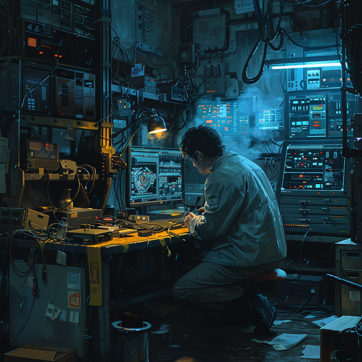 Imagine a dimly lit workshop filled with the hum of computers and the faint smell of metal. You can almost hear the whirring of fans and the click of keys as an analyst works. Feel the cool touch of a steel workbench scattered with tools: screwdrivers, a soldering iron with a tendril of smoke, and the shattered remains of a machine component marked with yellow warning tape. Wires and cables sprawl across the workbench, tracing invisible connections and data flows.  The atmosphere is tense but focused. It's a scene where problems are dissected, connections are traced, and a solution awaits discovery.