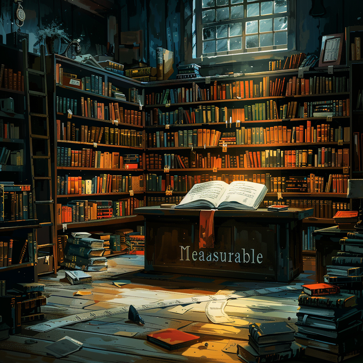 Imagine a grand, sunlit library filled with the quiet rustle of pages.  Piles of books teeter on desks and overflow from towering shelves. In the center of the room, a single open book lies bathed in a warm ray of sunlight.  Its pages are divided into five clear sections, each titled with a letter of the SMART goal acronym. Descriptive text and the faint outline of icons fill each section.  This image conveys a sense of knowledge and the structure needed to unravel the complexities of goal setting.