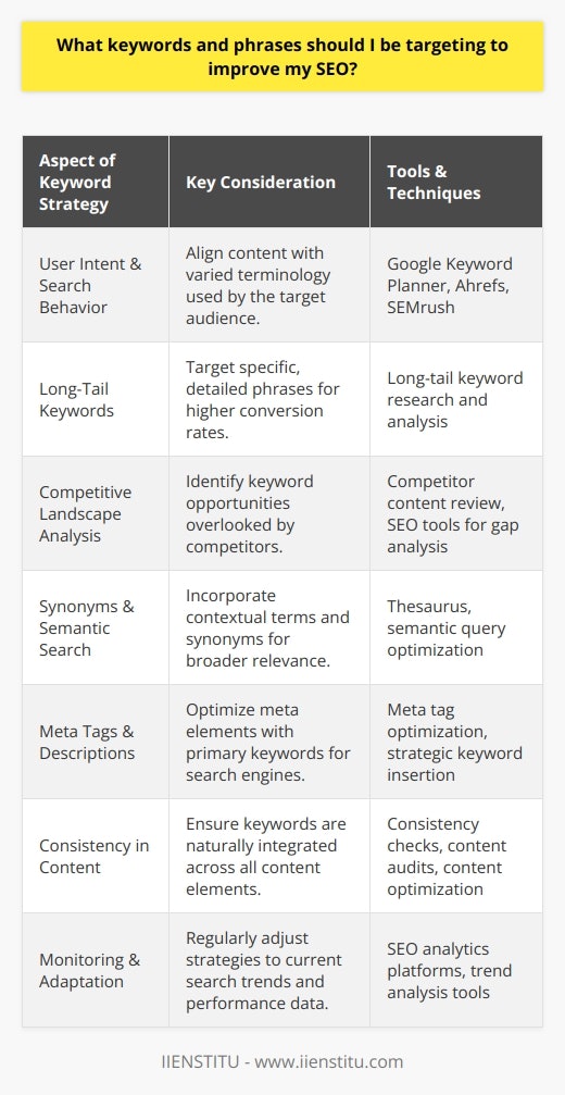Boosting SEO Through Strategic Keyword and Phrase TargetingSearch engine optimization (SEO) is a key factor in elevating the visibility and accessibility of online content. Keywords and phrases lie at the heart of SEO and are the linchpins that connect user queries to relevant content. Identifying and utilizing the most effective keywords and phrases is a nuanced process informed by user intent, search engine algorithms, and the competitive landscape.Understanding User Intent and Search BehaviorAt the forefront, understanding user intent is paramount. Different users may use varied terminology when seeking information. To tap into the diverse search behaviors, content creators should perform keyword research that delves into the specific language and search terms used by their target audience. Tools such as Google Keyword Planner, Ahrefs, and SEMrush can assist in identifying popular and niche queries related to a particular subject.Diving into Long-Tail KeywordsLong-tail keywords, often detailed and more specific phrases, are key to reaching a target audience when they are closer to a point of action or decision-making. For example, instead of targeting “SEO tips,” a more specific long-tail counterpart could be “SEO strategies for small business websites.” While long-tail keywords typically generate less traffic, they tend to have a higher conversion rate due to their specificity and lower competition.Analyzing the Competitive LandscapeUnderstanding the prevalence and ranking difficulty of certain keywords is essential. By analyzing competitors' content and keyword strategies, one can identify gaps and opportunities to exploit. Competitive analysis can reveal under-utilized keywords or phrases that, while relevant, have not been fully leveraged by others in the space.The Role of Synonyms and Semantic SearchWith advancements in semantic search, search engines have become more adept at understanding the context around words and phrases. Therefore, it is important to incorporate synonyms and contextually related terms to enhance the content's pertinence. This semantic richness ensures that content remains relevant for a wider range of related searches and accounts for the variability in search language.SEO-Enhancing Meta Tags and DescriptionsMeta tags and descriptions serve as direct SEO facilitators. Though invisible to readers, they play a crucial role in search engine indexing and ranking processes. Including targeted keywords in meta tags, particularly the title tag and meta description, can significantly improve a website's search visibility. These should be crafted with care, concisely summarizing the content and incorporating primary keywords without engaging in keyword stuffing, which can negatively impact SEO performance.Consistency and Content OptimizationFor maximum effectiveness, keywords and phrases should be woven into content naturally, reflecting genuine information delivery. Consistency across page titles, headings, main content, and URLs underpins a cohesive keyword strategy. Balancing keyword usage to avoid both overuse and underuse is essential; content should read naturally to the human eye while still signifying relevance to search engines.Continuous Monitoring and AdaptationLastly, SEO is not a set it and forget it endeavor. Regular monitoring of keyword performance, adapting to changing search trends, and updating content to align with evolving keywords and phrases is part of the ongoing SEO maintenance required for enduring success.In summary, targeting the right keywords and phrases is a multifaceted process that involves understanding search behaviors, leveraging long-tail opportunities, conducting competitive analysis, embracing semantic search nuances, optimizing meta tags and descriptions, ensuring content consistency, and regularly monitoring and adapting strategies. By undertaking this meticulous approach, content creators optimize their chances of ranking favorably in SERPs and reaching the intended audience effectively.