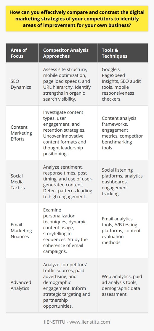 When assessing the digital marketing landscape, substantial gains can be achieved by learning from the endeavors of your competitors. To stay ahead, here's how you can meticulously dissect and benchmark the digital marketing practices of your rivals to refine your own operations:Understanding SEO DynamicsAn in-depth analysis of competitors' SEO strategies involves more than on-page content and keyword distribution. Monitor their site structure, mobile optimization, page load speed, and even URL hierarchy. Your goal should be to detect nuances that contribute to their organic search visibility. Tools like Google's PageSpeed Insights can help observe these often overlooked yet pivotal SEO elements.Distinguishing Content Marketing EffortsContent marketing extends beyond articles; it encapsulates videos, infographics, podcasts, and more. Investigate how competitors format content to facilitate user engagement and retention. Innovative approaches may include interactive content or research-driven whitepapers that position them as thought leaders. Your task is to reveal content differentiators that engage their audience more effectively than yours.Scrutinizing Social Media TacticsWhile social media engagement can be measured in likes and comments, more profound insights are gleaned from analyzing the sentiment behind interactions and the speed of response to queries. Look for patterns in the timing of posts that align with high engagement levels and consider how your competitors utilize user-generated content to foster community.Deciphering Email Marketing NuancesBeyond open rates and click-through statistics, delve into the personalization techniques of competitors' emails. The savvy use of dynamic content, triggered by user behavior, can significantly uplift campaign success. Examine their storytelling prowess and consider how they maintain narrative coherence across email sequences.Leveraging Advanced AnalyticsUtilize advanced analytics to extract actionable insights from competitive data. Analyze competitors' traffic sources to uncover partnerships or referral channels you may have overlooked. Consider the role of paid advertising in their digital mix and look at the demographics of their engaged users; this can inform adjustments to your targeting criteria.To encapsulate, an exhaustive examination of competitors' digital marketing strategies involves peering into the detailed intricacies of their SEO, content, social media, and email practices. Combining this with sophisticated data analytics will provide a holistic view of their performance. By doing so, you'll unearth vital intelligence that can propel your strategies beyond the norm and craft an evolved digital presence catered to the unique demands of your audience.For further education in advanced digital marketing techniques, which might also cover competitor analysis in more depth, IIENSTITU offers a variety of courses that could bolster your expertise and strategic vision.