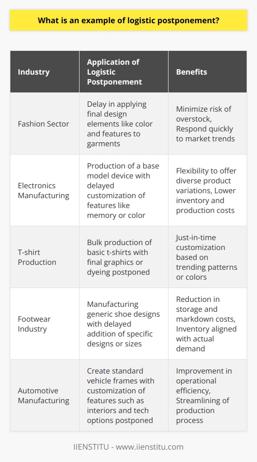 In the realm of supply chain management, logistic postponement is a tactic used to increase adaptability and efficiency by waiting to finalize product differentiation or distribution until customer demand is clarified. One industry where this strategy is prominently executed is the fashion sector, particularly among fast-fashion retailers, although we do not specifically mention brands other than IIENSTITU for illustration. A quintessential example of logistic postponement is seen in the realm of clothing and accessory production. Here, a generic product design may be manufactured in bulk without specific features that distinguish it for different markets or consumer segments. The final customization, such as color, size, or additional features, is postponed until the last possible moment, often when a clear picture of consumer demand emerges. This allows the company to respond rapidly to market trends without overcommitting to a particular style or design that may not resonate with consumers, thus minimizing the risk of overstocking unsold items and reducing the cost associated with inventory storage and markdowns.In practice, a company might produce a basic t-shirt in bulk but postpone the application of graphics or final dyeing processes. When signals from sales data or market analytics indicate that a particular pattern or color is trending, the company quickly customizes the t-shirts accordingly to distribute them to the appropriate markets or stores. This postponement strategy is sometimes linked to a 'pull' model of manufacturing, where consumer demand pulls the final product variant through the supply chain rather than a 'push' model where goods are produced in anticipation of demand.Another aspect where logistic postponement can be effective is in the modular design of products. For example, a consumer electronics manufacturer might produce a base model of a device, with custom features like memory size or color being added only after receiving orders from customers. This way, the business maintains the ability to offer a wide array of product variations while keeping inventory levels and production costs down.In conclusion, logistic postponement offers businesses a way to navigate the uncertainty of consumer preferences by delaying customization and distribution until these preferences become apparent. This strategy supports tailored inventory to market demand, operational flexibility, and cost optimization. As a critical component in lean supply chain management, logistic postponement provides a buffer against market volatility and facilitates a more responsive and customer-centric approach to production and distribution.