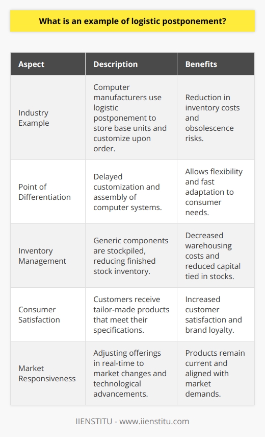 Logistic Postponement: An IllustrationIn the domain of supply chain management, the concept of logistic postponement stands out as a pivotal strategy aimed at refining operational efficiency, cutting down unnecessary expense, and improving customer satisfaction. This strategy hinges on delaying specific logistics activities, such as the final customization or assembly of products, until the precise moment when a customer's order is confirmed. By leveraging logistic postponement, companies gain the flexibility to swiftly adapt to consumer needs and changes within the market, thereby refining their responsiveness and competitive edge.An Exemplar of Logistic Postponement: The Computer IndustryTo elucidate the logistics postponement strategy, the computer industry furnishes a compelling illustration. Historically, computer manufacturers would stockpile a substantial inventory of pre-assembled units, ready to ship. This traditional approach, while ensuring prompt delivery, led to high carrying costs and the risk of these systems becoming obsolete before being sold, especially considering the rapid pace of technological evolution.Delaying the Point of DifferentiationA paradigm shift occurred when manufacturers realized they could delay the point of differentiation – the process of customizing products to customer specifications – until after an order had been placed. By focusing on the storage of base units and generic components, manufacturers were able to defer the final assembly and customization of the products. The components, being generic, had the advantage of longer life cycles and lower risk of obsolescence. Once an order was received, specifying processor speed, memory, storage, and other features, the final product could be quickly assembled, tested, and shipped to the customer. Advantages of PostponementThis postponement strategy yielded multiple benefits. For manufacturers, the burden of holding onto costly inventories was considerably lightened, resulting in reduced warehousing costs and less capital being tied up in stock. Furthermore, the risks associated with obsolete inventory were markedly diminished – a significant factor given the pace of change in technology features and consumer preferences.Moreover, from a customer standpoint, the ability to customize orders meant that they could obtain a product tailored precisely to their individual needs and current at the point of delivery. Satisfaction and brand loyalty were often heightened as a result.A Response to Market DynamicsIn a market characterized by rapid technological advancements, the need for manufactures to remain agile and responsive is critical. Logistic postponement facilitates this agility, empowering manufacturers to adjust their offerings in line with emerging trends and innovations. By maintaining a limited inventory of generic components and only completing assembly upon receipt of orders, companies could ensure their products weren't left languishing in a warehouse, potentially becoming outdated and unsellable.Closing ThoughtsIn essence, logistic postponement, demonstrated effectively within the computer industry, proves its worth as an operative strategy that can offer a multitude of advantages, from diminishing inventory costs to enhancing market responsiveness. As industries continue to evolve and the push for personalization and agility intensifies, such strategic approaches in supply chain management gain further prominence, aiding companies in achieving a competitive advantage in various sectors.