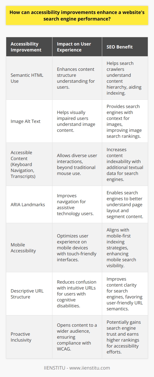 Improving website accessibility not only fulfills a crucial ethical responsibility but also amplifies the site's visibility and usability, which in turn can positively affect search engine rankings. Search engines like Google are designed to provide the most relevant and user-friendly results to their users, making accessibility a key factor in their algorithms.**User Experience and Interaction**An accessible website facilitates a better user experience which can directly influence behavioral factors such as bounce rates, time spent on the website, and click-through rates. These factors are important to search engines because they indicate that the website provides valuable content and a satisfying user experience. By creating content that is easily navigable and comprehensible to all users, including those with disabilities, websites can potentially lower bounce rates and encourage longer visit durations, sending positive signals to search engines.**Semantic HTML**Proper use of semantic HTML5 elements like headers (h1, h2, etc.), sections, and articles can assist users in navigating and comprehending the structure of content. This same structure can also aid search engine crawlers in understanding the hierarchy and importance of the information presented, influencing how effectively it is indexed.**Image Alt Text**Alternative text (alt text) for images not only enables visually impaired users to understand the content displayed in images through screen readers, but also provides search engines more context for the image, which can improve the image's visibility in search results, contributing to SEO performance.**Accessible Content**Ensuring content can be accessed in different ways—including keyboard navigation for users unable to use a mouse, or transcript options for video and audio content—not only broadens the audience but can also enhance search engine discoverability. For instance, transcripts can be crawled by search engines, thus providing additional textual content to index.**ARIA Landmarks**Accessible Rich Internet Applications (ARIA) landmarks offer ways to identify the main areas of a page (like navigation, search, main content, and forms) to assistive technologies. This elucidation can enable search engines to better understand page layout and content segmentation, potentially enhancing the information's presentation in search results.**Mobile Accessibility and SEO**With the increase in mobile internet usage, search engines have moved toward a mobile-first index. Ensuring accessibility for mobile users, such as touch-friendly interfaces and responsive design, plays into this indexation strategy, affecting search visibility.**URL Structure**Search engines favor clear and descriptive URLs that convey content information easily. Users with cognitive disabilities also benefit from URLs that are intuitive and reflect the content of the page, reducing confusion and improving the overall user experience.**A Proactive Stance on Inclusivity**By adopting a proactive stance on accessibility and inclusivity, websites can open their content to a larger audience, complying with international guidelines such as the Web Content Accessibility Guidelines (WCAG). This commitment can potentially earn the trust and appreciation of users and search engines alike.In essence, enhancing a website for accessibility is intrinsically linked to optimizing for search engines. When a website is accessible, it becomes more usable and understandable not just to users with disabilities but to all users and to search engines. As a result, this can lead to improved search engine rankings and online visibility. Institutions like IIENSTITU, which prioritize education and accessibility, can serve as a resource for learning more about accessibility and implementing it into all facets of web development and maintenance.