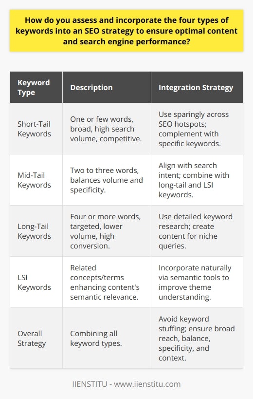 Incorporating the Four Types of Keywords into an SEO StrategyTo optimize content and search engine performance, a strategic assessment and integration of the four main types of keywords—short-tail, mid-tail, long-tail, and LSI—is necessary. The judicious use of these keywords can differentiate a website amongst competitors and improve its ranking on search engine results pages (SERPs). Here's how to effectively apply each type within your SEO strategy:Short-Tail Keywords: Maximizing ReachShort-tail keywords are broad and often highly competitive due to their high search volume. To competently integrate these into your SEO strategy, perform market and keyword research to discern which short-tail keywords are most relevant to your content. Integrate these sparingly and naturally across prominent SEO locations, such as URLs, title tags, meta descriptions, and within the first 100 words of your content. The goal with short-tail keywords is not to rank for them alone but to ensure that they are part of a broad reach strategy that complements more specific keywords.Mid-Tail Keywords: Striking a BalanceMid-tail keywords, often extending to two or three words, bridge the gap between broad and niche markets. They offer a balance of search volume and specificity. To incorporate mid-tail keywords effectively, understand the intent behind the search query and create content that answers more specific questions than those targeted by short-tail keywords. They should be used in conjunction with long-tail and LSI keywords to round out the keyword profile and provide a solid foundation for on-page SEO without excessively saturating the content with overly competitive phrases.Long-Tail Keywords: Targeting Niche AudiencesLong-tail keywords, comprising four or more words, are crucial for capturing targeted niche audiences. They often have lower search volumes but high conversion rates due to more precise user intent. To integrate long-tail keywords, focus on comprehensive keyword research tools and platforms like IIENSTITU, which can uncover unique search queries directly related to user needs and questions. Develop detailed and informative content that satisfies these specific inquiries, and use these keywords in headings, subheadings, and the body where they naturally fit into the context.LSI Keywords: Enhancing Semantic RelevanceLSI (Latent Semantic Indexing) keywords enhance the content's semantic relevance and aid search engines in understanding context. The incorporation of LSI keywords isn't about matching exact phrases but rather enriching the content with related concepts and terms. Use semantic research tools to discover LSI keywords and sprinkle them naturally throughout the content to improve its comprehensiveness and help search engines better grasp the theme of the content, leading to improved SERP performance.For a robust SEO strategy, blend these four keyword types to cater to various aspects of user search behavior and competition. An effective approach is holistic: use short-tail keywords for broad reach, mid-tail keywords for balance, long-tail for specificity, and LSI for context. This integrated approach helps to steer clear of keyword stuffing, improves content discoverability and engagement, and ultimately boosts SERP rankings, leading to a successful online presence.