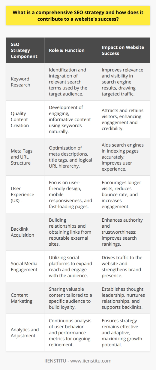 A comprehensive SEO strategy encapsulates a multitude of practices aimed at bolstering a website's standing in search engine results, thereby nurturing a burgeoning influx of traffic and underpinning the site's triumph in the highly competitive digital terrain. This strategy embodies a fusion of on-page and off-page optimization techniques, each serving a unique but interrelated function in fortifying the website's allure to both users and search engine algorithms.The cornerstone of on-page optimization is keyword research, a meticulous process wherein one identifies the lexicon that potential visitors deploy in their online queries. Mastering this linguistic convergence enhances a site's relevance and its allure to search algorithms, a dance further refined through savvy content creation that embeds these terms naturally. Meta tags offer distilled information about page content, guiding search engines during the indexing process, whereas a site's URL structure and header tags mold its architecture into a coherent and easily navigable edifice. Internal links tie the digital domain together, encouraging deeper exploration and contextual understanding.Exceeding beyond the technical skeleton of SEO, there's a pronounced emphasis on the human facet: user experience (UX). A strategy steeped in comprehensive SEO acknowledges that the user's journey – characterized by intuitive navigation, swift page loads, seamless mobile interaction, and content that both informs and captivates – plays a pivotal role in imbuing a website with favorable search engine results. UX excellence precipitates longer visits, plunges bounce rates, and catapults engagement – metrics that resonant with the algorithms that dictate online visibility.Shifting the lens outward, off-page optimization captures the array of endeavors cast outside the website's confines, yet significantly sway its standing. Here lies the art of cultivating backlinks, a process akin to gathering endorsements from the digital community, asserting the site's stature and trustworthiness. Additionally, the tendrils of social media extend a brand's presence, engender relationships and channel traffic toward the site in organic waves. Content marketing, then, is the act of propagating high-caliber, pertinent, and coherent content, aiming to captivate a clearly defined audience and kindle enduring allegiance.An unyielding SEO strategy must encapsulate a system of relentless evaluation and nimble adjustments – tasks entrusted to analytical tools like Google Analytics. Scrutinizing metrics such as user comportment, engagement, and overall performance illuminates the pathway to amelioration. Through incessant tuning, a website maintains its competitive edge and maximizes its potential to ascend the search engine ranks.To encapsulate, a comprehensive SEO strategy is not simply about individual tactics; it's a harmonized campaign that elevates a website's digital presence, constructs its authority, and paves the way to success. On-page and off-page optimizations, united with a steadfast commitment to stellar UX and the agility to adapt based on empirical insights, create an optimum environment for websites to not only survive but thrive in the search engine ecosystem.