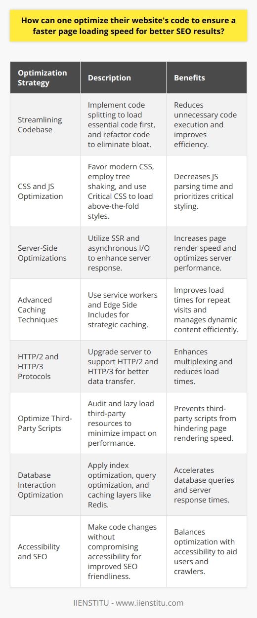 Optimizing a website's code is critical for improving page loading speed, which is a key factor in search engine optimization (SEO). Slow loading pages can lead to a higher bounce rate, negatively impacting SEO rankings. Here are some advanced yet relatively less commonly known strategies to optimize your website's code for faster loading times:Streamlining Your Codebase- Utilize modern web development practices such as code splitting, which allows for loading only the necessary code a user needs for the initial load, and then loading additional code as needed.- Refactor and maintain your code regularly to ensure it's efficient and not bloated with legacy or unused code.CSS and JavaScript Optimization- Opt for modern CSS over extensive JavaScript for animations and interactions wherever possible to reduce the JS parse and compile time.- Use tree shaking or dead code elimination tools to remove unused code from your JavaScript bundles.- Employ Critical CSS techniques, which involve identifying and loading only the CSS needed to render the visible portion of the page.Server-Side Optimizations- Implement server-side rendering (SSR) for applications, which can help in sending a fully rendered page to the client, reducing initial load times.- Leverage asynchronous and non-blocking I/O operations on the server to optimize resource usage and speed up response times.Advanced Caching Techniques- Take advantage of service workers to cache app shell and data, ensuring faster loading for repeat visits, and enabling offline capabilities.- Implement Edge Side Includes (ESI) for partial page caching, where dynamic content can be served alongside cached static content.Utilizing HTTP/2 and HTTP/3 Protocols- Upgrade to HTTP/2 and HTTP/3 protocols on your hosting server, which allow for better multiplexing and faster load times due to improved data transfer mechanisms.Optimize Third-Party Scripts- Regularly audit third-party scripts, analytics tools, or plugins to ensure they are not degrading performance.- Employ lazy loading for third-party resources to prevent them from blocking the rendering of your page.Optimize Database Interactions- Implement index optimization and query optimization to reduce database response times which, in turn, can improve server response times.- Consider using caching layers for database access, such as Redis or Memcached, to store commonly requested data for quicker retrieval.Accessibility and SEO- Ensure that code optimizations do not compromise accessibility; for example, lazy loading images should have proper alt attributes for screen readers.Keeping SEO in perspective, each optimization technique should be implemented with a focus on facilitating crawlers to index your content effectively while not compromising on user experience. By diving into these advanced optimization strategies, you can significantly improve your website's performance, leading to better SEO results and a smoother experience for your users.Remember, website optimization is an ongoing process. Regularly measure your site's performance using tools such as Google PageSpeed Insights and keep up with the latest web development trends to continually refine your optimization strategies.
