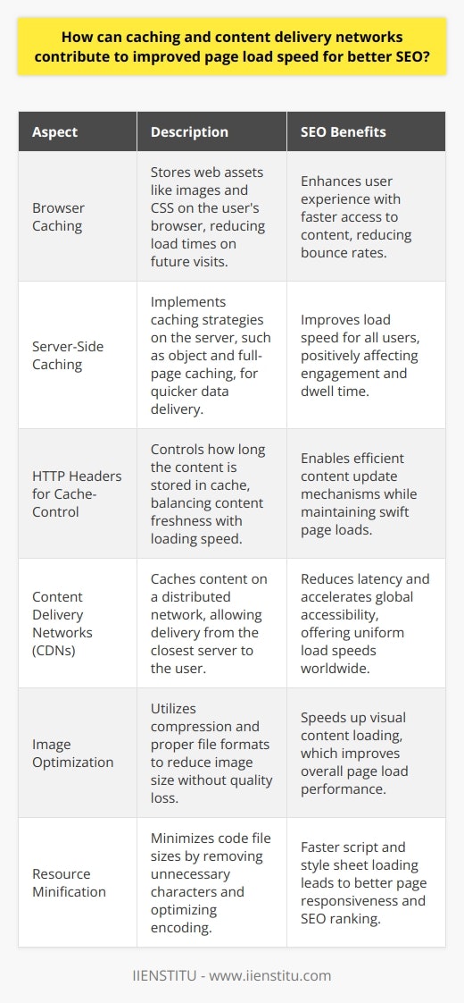 Caching and content delivery networks (CDNs) serve as pivotal technologies that underpin the efficient delivery of digital content across the web. For bloggers and webmasters focused on search engine optimization (SEO), the role of these technologies cannot be overstated. Speed is of the essence in the digital realm, as users expect rapid access to content, and search engines like Google use page load speed as a ranking factor.Caching: Streamlining Data RetrievalCaching is a strategy used to temporarily store web content in a location that allows for quicker access upon subsequent requests. When a user visits a blog post for the first time, elements such as images, scripts, and CSS files are stored in the user’s browser cache. On consecutive visits, the browser can retrieve this content from the cache instead of downloading it again from the server. This dramatically cuts down on load times, making the user's experience more seamless and enjoyable.Server-side caching extends this idea further by storing web content on the server itself. Techniques like object caching, database query results caching, or full-page caching can make the most resource-intensive parts of a blog post load faster for every user.Additionally, web systems can leverage HTTP headers for cache-control, setting rules for how long content should be cached. This careful management of cache expiry and validation helps in balancing the freshness of content with the need for speed.Utilizing Content Delivery NetworksCDNs provide a robust solution to the problem of geographical distance between a host server and its global users. By caching the static parts of a blog post – such as images, CSS, and JavaScript files – across a distributed network of servers, CDNs make it possible to serve this content from a location nearest to the user.This proximity reduces the amount of travel time, or latency, that data must endure to reach the user’s browser, immensely speeding up load times. CDNs are especially valuable for blogs with an international audience, ensuring that pages load consistently quickly, no matter where the reader is located.Optimized Images and Minified ResourcesThe visual appeal of blog posts often necessitates the use of images, which can be a significant drag on load speed if not correctly optimized. Efficient image compression and proper selection of file formats can decrease image weight without sacrificing quality, aiding in faster rendering of pages.Beyond images, the underlying code that constitutes the blog post – HTML, CSS, and JavaScript – can also be optimized. Minification is the process of removing unnecessary or redundant data without affecting how the browser processes the content. It includes stripping out white spaces, line breaks, and comments, as well as shortening variable names. The result is smaller file sizes and a subsequent increase in page load speed.ConclusionFor bloggers aiming to climb the SEO ladder, the combination of savvy caching strategies, CDNs, image optimization, and resource minification presents a robust toolkit for enhancing page load speeds. Faster loading directly influences user experience, bounce rates, and engagement metrics—key factors that search engines consider when ranking websites. Efficiently delivering content lays the groundwork for not only improved SEO outcomes but also for building a dedicated readership, positioning blogs to thrive in the competitive digital ecosystem.