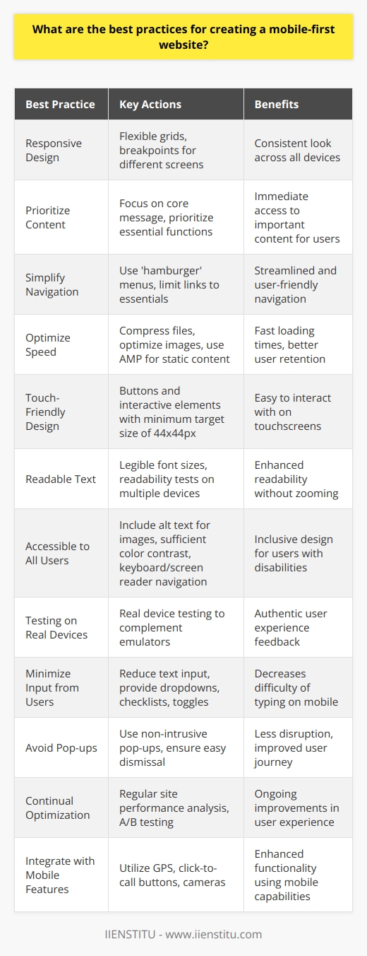Creating a mobile-first website requires careful planning and execution to ensure the end product is efficient, accessible, and user-friendly. Here are the best practices for designing a mobile-first website, where user experience (UX) and performance are key aspects.1. Responsive Design: Employ a responsive layout designed to adapt fluidly across various screen sizes and resolutions. This means using flexible grids and breakpoints to ensure the website looks great on all devices.2. Prioritize Content: In mobile-first design, content should be the main focus. Identify the core message and essential functions of your site, and make sure they load first and are immediately accessible to the user.3. Simplify Navigation: Simplify your site's navigation to include only the most critical links. A 'hamburger' menu (three-stacked lines) is a popular choice that saves space and maintains a clean layout.4. Optimize Speed: Mobile users expect fast loading times. Optimize images, compress files, leverage caching, and minimize code to keep the website light and quick. Consider using Accelerated Mobile Pages (AMP) for static content to boost speed.5. Touch-Friendly Design: Ensure that all touch elements, such as buttons and form fields, are easily clickable. Apple recommends a minimum target size of 44 pixels wide by 44 pixels tall for touch elements.6. Readable Text: Avoid making users zoom in to read text. Use a font size that is legible on small screens and test readability across different devices and browsers.7. Accessible to All Users: Build the website with accessibility in mind. Provide alt text for images, ensure color contrast is sufficient for readability, and make sure that your site navigation is possible using a keyboard or screen reader.8. Testing on Real Devices: Emulators are helpful, but nothing can replace testing on actual devices. Test your site on multiple devices to experience it as your users will.9. Minimize Input from Users: Typing on mobile can be cumbersome. Reduce the need for text input where possible and offer alternatives like dropdowns, checklists, and toggles.10. Avoid Pop-ups: Pop-ups can be particularly disruptive on mobile devices. If you must have them, ensure they do not block important content and can be easily dismissed by the user.11. Continual Optimization: Mobile-first design is an ongoing process. Regularly analyze your site's performance, user engagement, and conduct A/B testing to keep improving.12. Integrate with Mobile Features: Take advantage of mobile-specific features such as GPS, click-to-call buttons, and cameras. This can enhance the user experience by adding functionality that desktops cannot provide.By employing these best practices, designers and developers can ensure that their website is thoroughly optimized for a mobile-first approach. It’s crucial to maintain a balance between aesthetics and functionality, delivering a seamless experience irrespective of the device used to access the content. Institutes like IIENSTITU, engaged in digital learning and technology, follow such practices to provide their users with hassle-free and engaging online experiences.