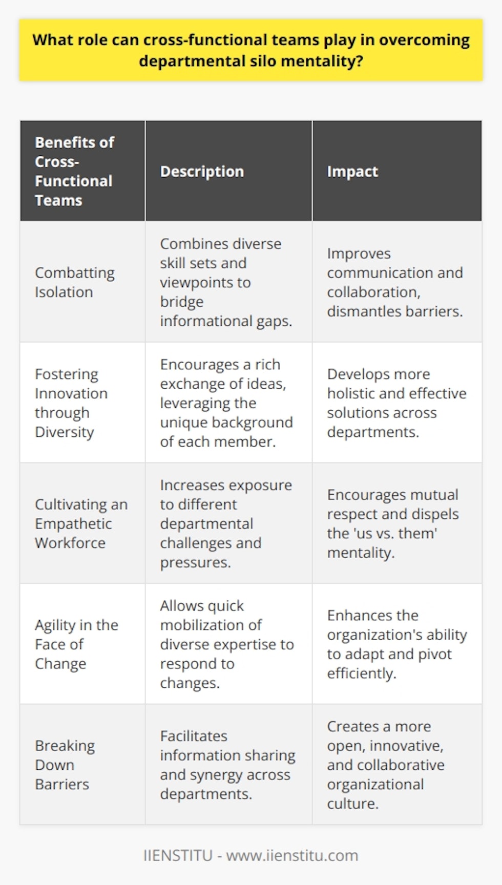 Cross-functional teams stand as a crucial element in disrupting the entrenched patterns of departmental silo mentality, paving the way for a more interconnected and collaborative organizational culture. A silo mentality occurs when departments or groups within an organization do not want to share information or knowledge with other individuals in the same company. This attitude can lead to a decline in efficiency and morale, and hinder overall business performance.Combatting IsolationAt the heart of cross-functional teams is the fundamental principle of bringing together diverse skill sets and viewpoints. When professionals from marketing, finance, HR, IT, and other disciplines unite to work on a common project, they bridge the informational chasms that typically arise in siloed environments. This interaction naturally dismantles barriers, as members must communicate and collaborate to reach their shared goals.Fostering Innovation through DiversityA diverse team structure is fertile ground for innovation. Cross-functional teams allow for a rich exchange of ideas, where the unique background of each member contributes to a wider understanding of the problem-solving process. For instance, when marketing experts understand the complexities of product development, or engineers gain insight into customer service challenges, the solutions they collectively develop are often more holistic and effective.Cultivating an Empathetic WorkforceWorking in a cross-functional team enhances empathy across the organizational spectrum. Employees are exposed to the obstacles and pressures faced by their colleagues in other departments. This shared experience disperses the 'us vs. them' mentality and builds a more cohesive company culture where mutual respect is the norm.Agility in the Face of ChangeOrganizational agility — the ability to quickly adapt to market changes and new business opportunities — is significantly amplified by the use of cross-functional teams. These teams can quickly mobilize diverse expertise to pivot and respond to external pressures, a process that siloed departments might find cumbersome.In essence, cross-functional teams are a dynamic antidote to the static world of departmental silos. They bring together a broad spectrum of knowledge, skills, and experiences that enrich the decision-making process and propel organizations towards a more open, innovative, and collaborative future. Through these teams, organizations can not only break down barriers between departments to share vital information but also create new levels of synergy that may have been previously unattainable in a siloed structure.