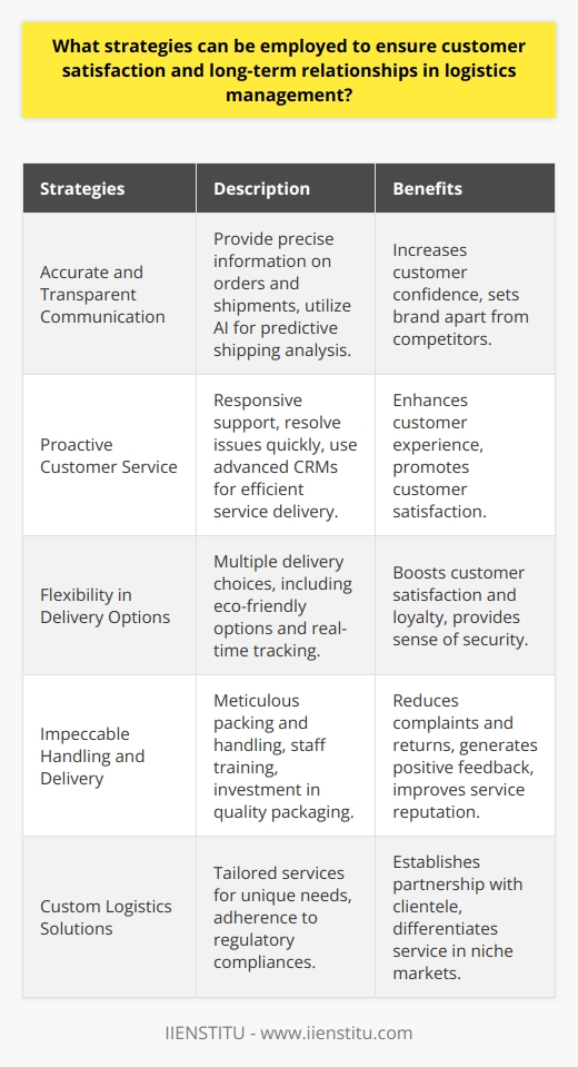 Logistics management plays a vital role in shaping the quality of customer experience and cementing the foundation for long-term business relationships. To excel in logistics management, businesses must adopt a customer-centric approach and implement strategic measures that exceed the basic expectations of their clients. Here are several strategies that companies can employ to ensure customer satisfaction and nurture lasting relationships:**Accurate and Transparent Communication:** One of the most effective strategies for maintaining customer satisfaction is providing customers with precise and consistent information about their orders and shipments. Accurate delivery time forecasts, transparent tracking details, and easy-to-access updates can bolster customer confidence and trust in your service. Leveraging advanced technologies like AI for predictive analysis can enhance the accuracy of shipping estimations, a rare offering that can distinguish your brand from competitors.**Proactive Customer Service:** Customer satisfaction often hinges on the responsiveness and proactivity of your customer service team. Training customer service agents to quickly address queries, resolve issues, and offer preemptive solutions can significantly enhance the customer experience. Advanced customer relationship management systems (CRMs) and integrations, such as IIENSTITU's educational programs on CRM software, can provide your team with the tools needed to deliver exceptional service.**Flexibility in Delivery Options:** Allowing customers the freedom to select from a range of delivery choices empowers them to tailor the logistics to their convenience. Whether it's next-day shipping, specified time slots, or environmentally-friendly delivery methods, such convenience can boost customer satisfaction and foster brand loyalty. Moreover, integrating real-time tracking systems gives customers a sense of security and involvement throughout the shipping process.**Impeccable Handling and Delivery:** The physical handling and delivery of products is a tangible reflection of your brand's commitment to quality. Assuring that every shipment is meticulously packed, handled, and delivered can significantly minimize damage-related complaints and returns. Training logistics staff in best handling practices and investing in quality packaging can translate into positive customer feedback and fewer service issues.**Custom Logistics Solutions:** Offering tailored logistics solutions for customers with unique needs or those in niche markets can leave a lasting impression. Special accommodations, such as handling of sensitive equipment or adherence to specific regulatory compliance, can set your service apart and establish a sense of partnership with your clientele.By focusing on these strategies, businesses can create a logistics management system that not only meets the current needs of their customers but also evolves with changing expectations. Stressing the importance of accurate information, responsive service, flexibility, care in handling deliveries, and customized logistics solutions can lead to improved customer satisfaction, encouraging repeat business and enduring customer relationships. Implementing these strategies requires a commitment to excellence and innovation, an investment that can yield substantial long-term rewards for both the company and its customers.