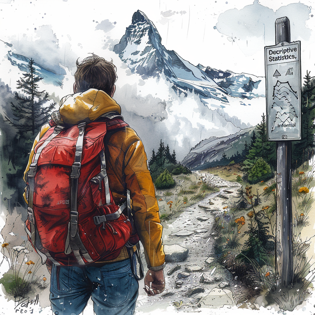 Imagine a journey along a well-defined path. This path represents the process of statistical analysis.  Trailhead: The beginning of the path is marked by a signpost with your research question or problem clearly written. Backpack: Slung over your shoulder is a backpack representing your data collection tools. It contains things like a magnifying glass (for observation), a notepad and pencil (for surveys), and a set of scales (for experiments). Footprints: Along the path are messy footprints, getting cleaner and more organized as you walk. These represent data cleaning and preparation. Junction: The path splits in two directions. One sign reads "Descriptive Statistics," the other "Inferential Statistics." Mountain Peak: The path leads to a peak where you stand, holding a flag with your conclusions. Below is a landscape of charts, graphs, and tables - you're visually presenting your results.