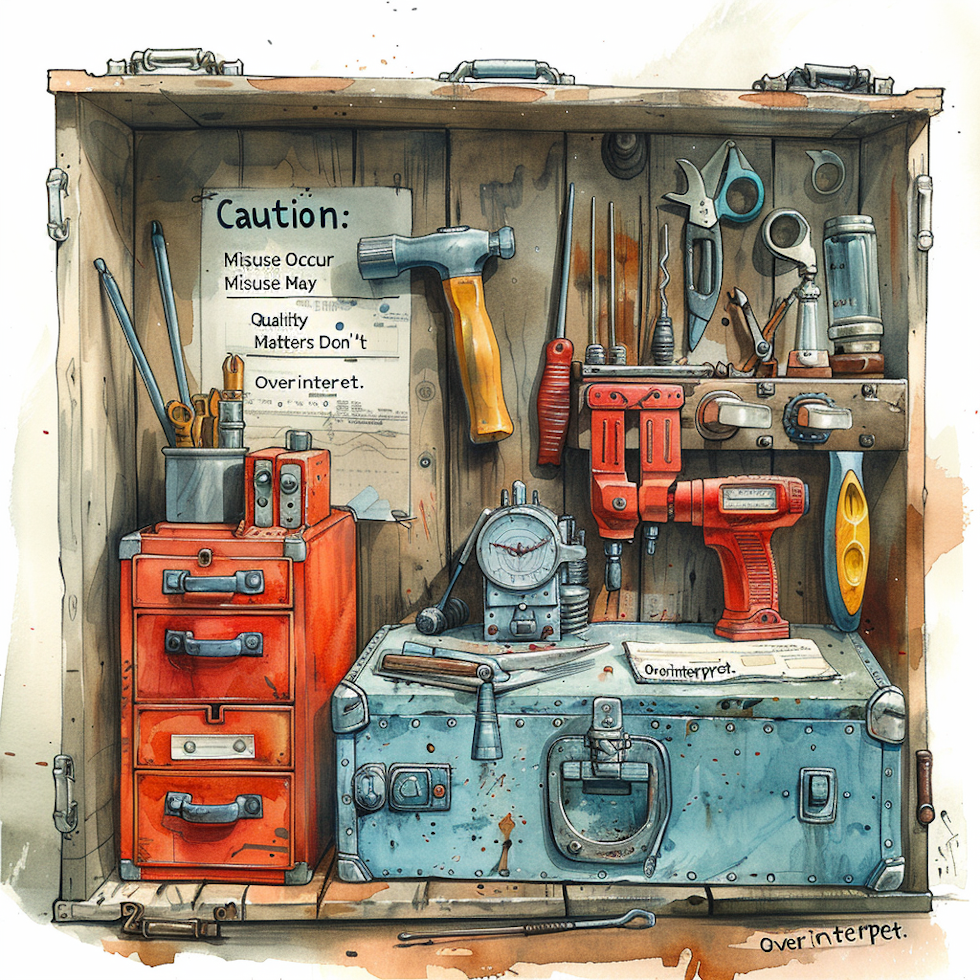 Imagine a toolbox filled with a variety of specialized tools. This toolbox represents the range of statistical techniques available. Some Tools are Familiar: You have a hammer (correlation and regression), a screwdriver (ANOVA), and pliers (Chi-Square test). These represent common, widely-used techniques. Oddly Shaped Tools: There are less-familiar tools with unique shapes and purposes (Factor Analysis and others). These represent more specialized techniques. Powerful Machine: Next to the toolbox is a complex machine with levers, buttons, and displays. This represents statistical software (SPSS, SAS, R) that mechanizes calculations. Warning Signs: Around the scene are scattered warning signs: "Caution: Misuse May Occur", "Data Quality Matters", and "Don't Overinterpret."