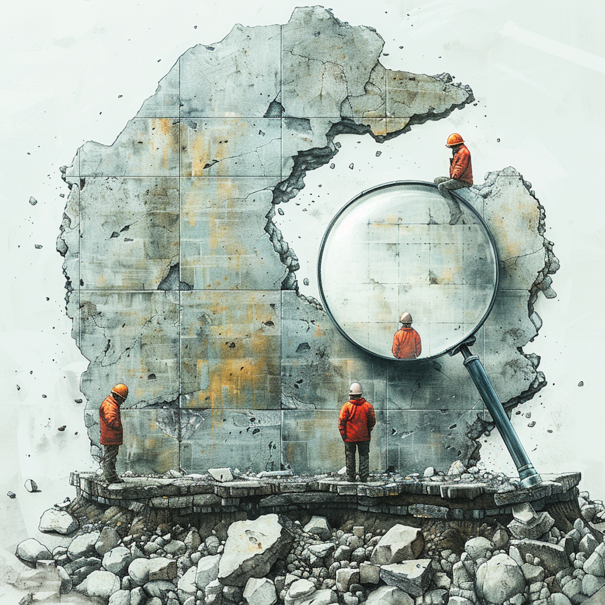 Imagine building a structure with construction tools and materials.  Wonky Foundation: There's a lopsided, poorly laid foundation. This represents biased or incorrect data collection. Cracked Walls: The walls of the structure have visible cracks and unevenness. This signifies misinterpretation of results. Giant Magnifying Glass: A massive magnifying glass focuses intensely on a tiny crack, while the bigger cracks are barely visible. This represents overreliance on statistical significance (like the p-value) missing the larger context. Confused Builders: Several builders are standing around the structure, scratching their heads in confusion. This represents the lack of statistical literacy that amplifies these challenges.