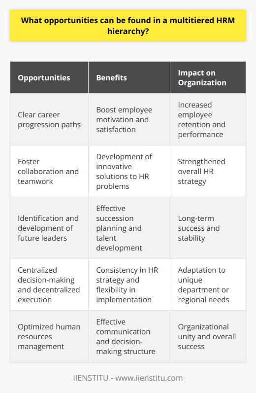 Moreover, a multitiered HRM hierarchy enables organizations to develop clear career progression paths for their employees. This can boost employee motivation and satisfaction, as they can see a clear route for advancement within the organization. Employees are more likely to remain with the company and engage in their work if they believe that there are opportunities for growth and development.A multitiered HRM hierarchy can also foster collaboration and teamwork among different levels of the organization. By having a structure that promotes interaction and coordination, HR professionals at various levels can share best practices and work together to address any HR-related challenges that may arise. This can lead to the development of innovative solutions to HR problems, further strengthening the organization's overall HR strategy.Additionally, a multitiered HRM hierarchy can help in the identification and development of future leaders within the organization. By having multiple levels of HR professionals, organizations can identify high-potential talent, groom them for leadership positions, and effectively plan for succession. This can ensure that the organization has a steady pipeline of skilled leaders, contributing to its long-term success and stability.Furthermore, a multitiered HRM hierarchy can facilitate centralized decision-making alongside decentralized execution. This allows the HR leadership team to develop strategic plans and policies, while the lower tiers of the hierarchy focus on implementing them within their specific departments or regions. This ensures consistency in HR strategy across the organization while also allowing for flexibility and adaptation to the unique needs of different departments or regional offices.In summary, a multitiered HRM hierarchy offers a wide range of opportunities for organizations to optimize their human resources management. By providing a clear structure for communication and decision-making, fostering a sense of organizational unity, facilitating collaboration and teamwork, and enabling effective talent development and succession planning, multitiered HRM hierarchies contribute significantly to the overall success of an organization. By adopting such a structure, companies can ensure the effective management of their human resources, ultimately leading to higher levels of employee satisfaction, retention, and performance.