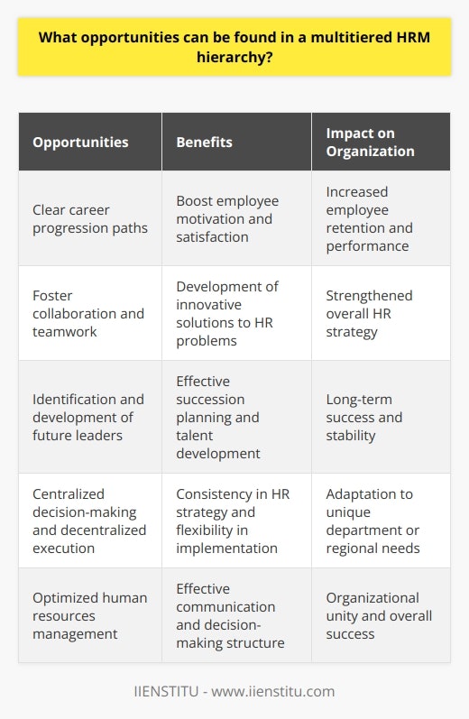Moreover, a multitiered HRM hierarchy enables organizations to develop clear career progression paths for their employees. This can boost employee motivation and satisfaction, as they can see a clear route for advancement within the organization. Employees are more likely to remain with the company and engage in their work if they believe that there are opportunities for growth and development.A multitiered HRM hierarchy can also foster collaboration and teamwork among different levels of the organization. By having a structure that promotes interaction and coordination, HR professionals at various levels can share best practices and work together to address any HR-related challenges that may arise. This can lead to the development of innovative solutions to HR problems, further strengthening the organization's overall HR strategy.Additionally, a multitiered HRM hierarchy can help in the identification and development of future leaders within the organization. By having multiple levels of HR professionals, organizations can identify high-potential talent, groom them for leadership positions, and effectively plan for succession. This can ensure that the organization has a steady pipeline of skilled leaders, contributing to its long-term success and stability.Furthermore, a multitiered HRM hierarchy can facilitate centralized decision-making alongside decentralized execution. This allows the HR leadership team to develop strategic plans and policies, while the lower tiers of the hierarchy focus on implementing them within their specific departments or regions. This ensures consistency in HR strategy across the organization while also allowing for flexibility and adaptation to the unique needs of different departments or regional offices.In summary, a multitiered HRM hierarchy offers a wide range of opportunities for organizations to optimize their human resources management. By providing a clear structure for communication and decision-making, fostering a sense of organizational unity, facilitating collaboration and teamwork, and enabling effective talent development and succession planning, multitiered HRM hierarchies contribute significantly to the overall success of an organization. By adopting such a structure, companies can ensure the effective management of their human resources, ultimately leading to higher levels of employee satisfaction, retention, and performance.