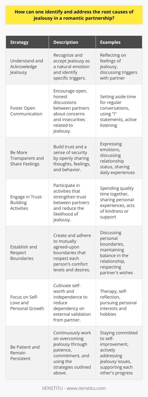 Title: Strategies to Overcome Jealousy in Romantic Relationships**1. Understand and Acknowledge Jealousy**The first step in overcoming jealousy is recognizing and acknowledging its presence. It is essential to understand that jealousy is a natural emotion experienced by most individuals at some point in their lives. By acknowledging this emotion, couples can identify the specific triggers of jealousy and devise effective strategies to address them.**2. Foster Open Communication**Couples should prioritize open, honest communication to address jealousy in their relationship. By discussing each person's concerns and insecurities, partners can gain a better understanding of the underlying causes of jealousy and work together to devise solutions. The key is to approach these conversations with empathy and understanding without blaming each other.**3. Be More Transparent and Share Feelings**Transparency is critical in addressing jealousy. Couples must be willing to share their feelings, thoughts, and behavior to establish trust and foster a sense of security. Frequent discussions about the relationship's status and any potential issues can also alleviate jealousy by providing reassurance and validating each person's feelings of being valued and loved.**4. Engage in Trust-Building Activities**Trust is essential in any healthy relationship, and a lack of it can exacerbate jealousy. Couples should participate in trust-building activities, such as spending quality time together, sharing personal experiences, and engaging in acts of kindness or support. These efforts can help strengthen the foundation of trust, reducing the likelihood of jealousy.**5. Establish and Respect Boundaries**Boundaries are essential in addressing jealousy, as they help create a sense of security and predictability within the relationship. Couples must work together to establish mutually agreed-upon boundaries that respect each person's comfort levels and desires. Respecting these boundaries can help maintain a sense of harmony and balance, alleviating any feelings of jealousy that may arise.**6. Focus on Self-Love and Personal Growth**By cultivating self-love and focusing on personal growth, couples can establish a strong sense of self-worth and independence. This will, in turn, reduce dependency on external validation from their partner, which can help minimize jealousy. Self-improvement activities include therapy, self-reflection, and pursuing personal interests and hobbies.**7. Be Patient and Remain Persistent**Overcoming jealousy is an ongoing process that requires time, patience, and persistence. Couples must be committed to working through feelings of jealousy using the strategies outlined above. Remaining patient and persistent is crucial, as jealousy can resurface in response to challenging situations. By continuously focusing on the strategies mentioned earlier, couples can work together to overcome jealousy and cultivate healthy, loving relationships.